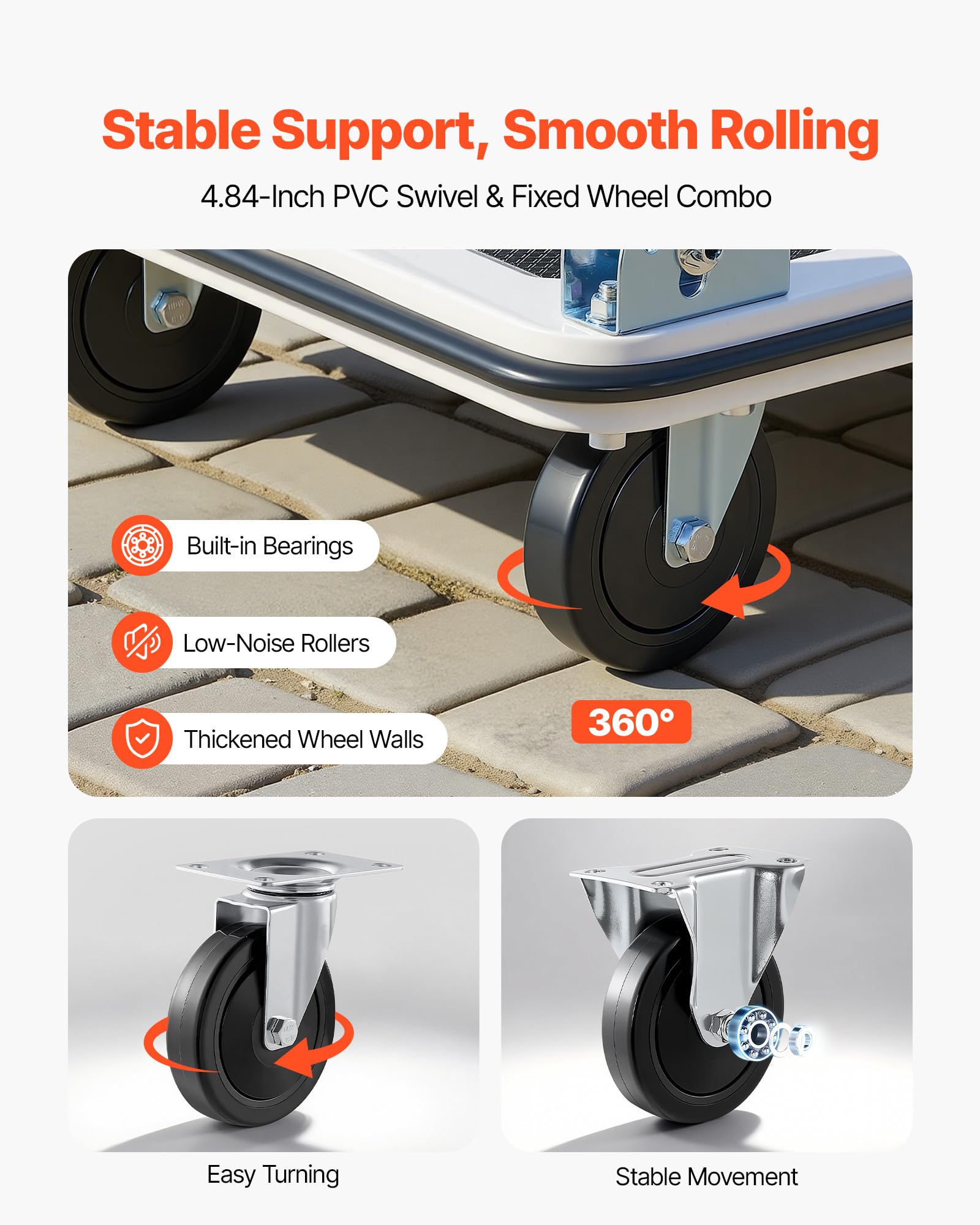 VEVOR Carro Plataforma Plegable 900 x 610 mm, Carretilla de Transporte Carga de 299,37 kg, Carrito Portaequipajes con Plataforma con Ruedas de PVC de 123 mm, para Tareas Domésticas, Almacén, Mudanza
