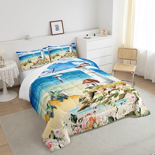 Miniatura 2 de Juego de edredón con diseño de faro de mar, tamaño individual, juego de ropa de cama de animales de tortuga, pájaros, océano, azul, para niños y