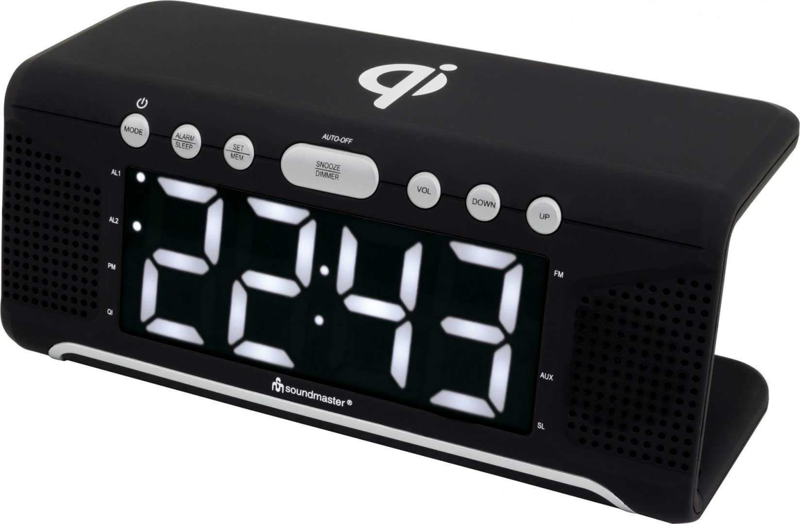 Soundmaster Radio z zegarkiem UKW UR800SW ze stacją ładującą QI do smartfonów/tabletów, przyciemniany wyświetlacz LED Jumbo, czarny