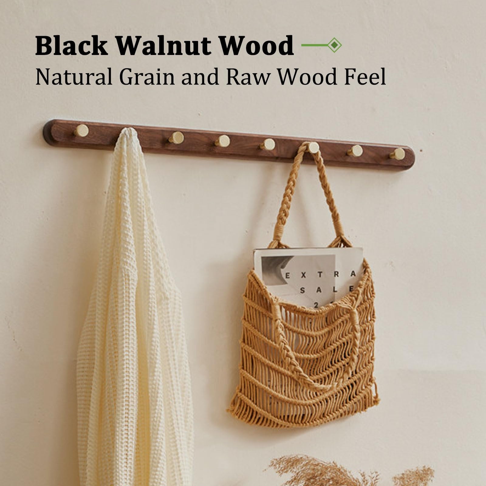 Genérico Perchero de Pared de Madera de Nogal Negro con Ganchos de Cobre Puro ganchos decorativos modernos de abrigo, para baño dormitorio ropa mochila, natural resistentes(Black walnut,8 hooks*80cm)