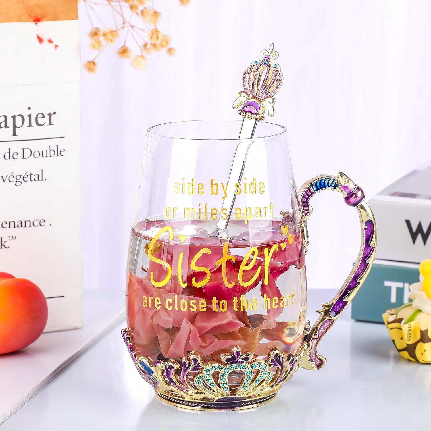 SWTHONY Fancy Tea Cup with Spoon Set Sister Birthday Gifts from Sister Brother for Christmas, Beautiful Purple Crown Glass Mugs with Handle