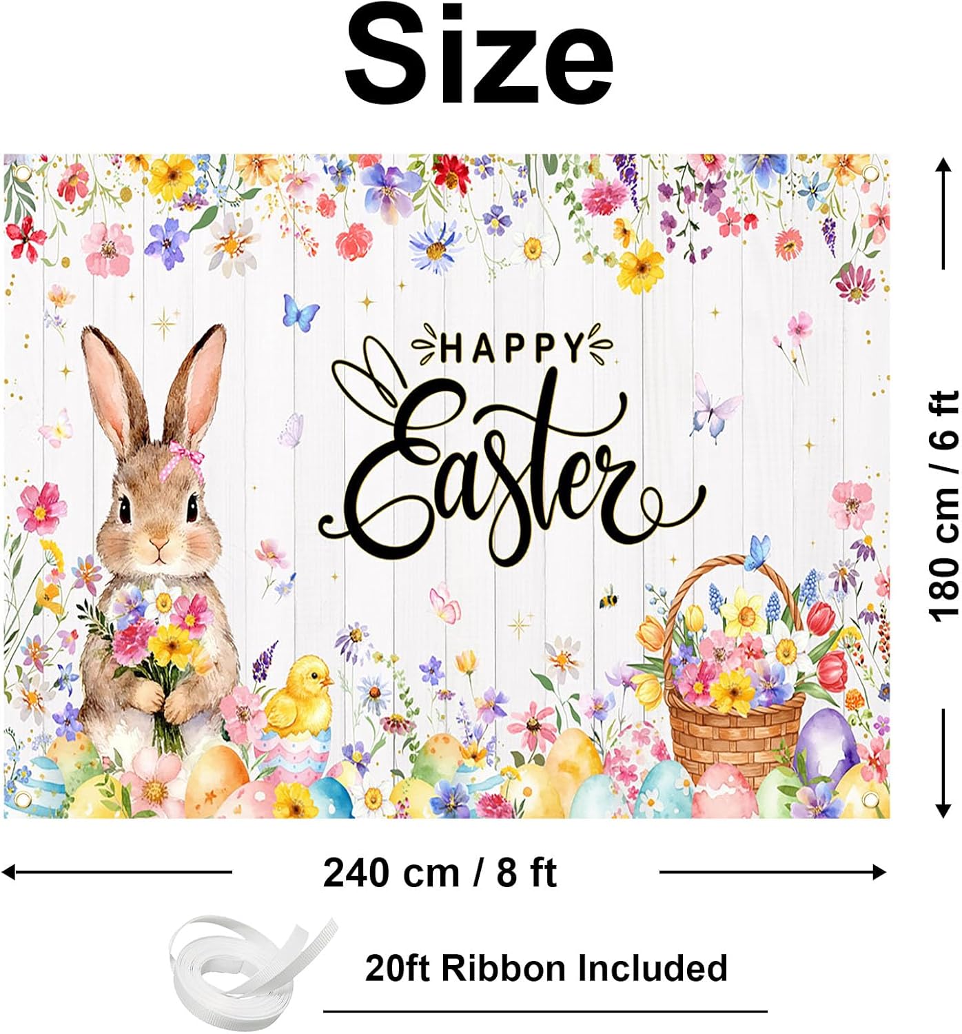 Avezano Happy Easter Backdrop Happy Easter Banner Party Decorations Colorful Wildflower Egg Bunny Spring Banner Party Supplies (8x6ft)