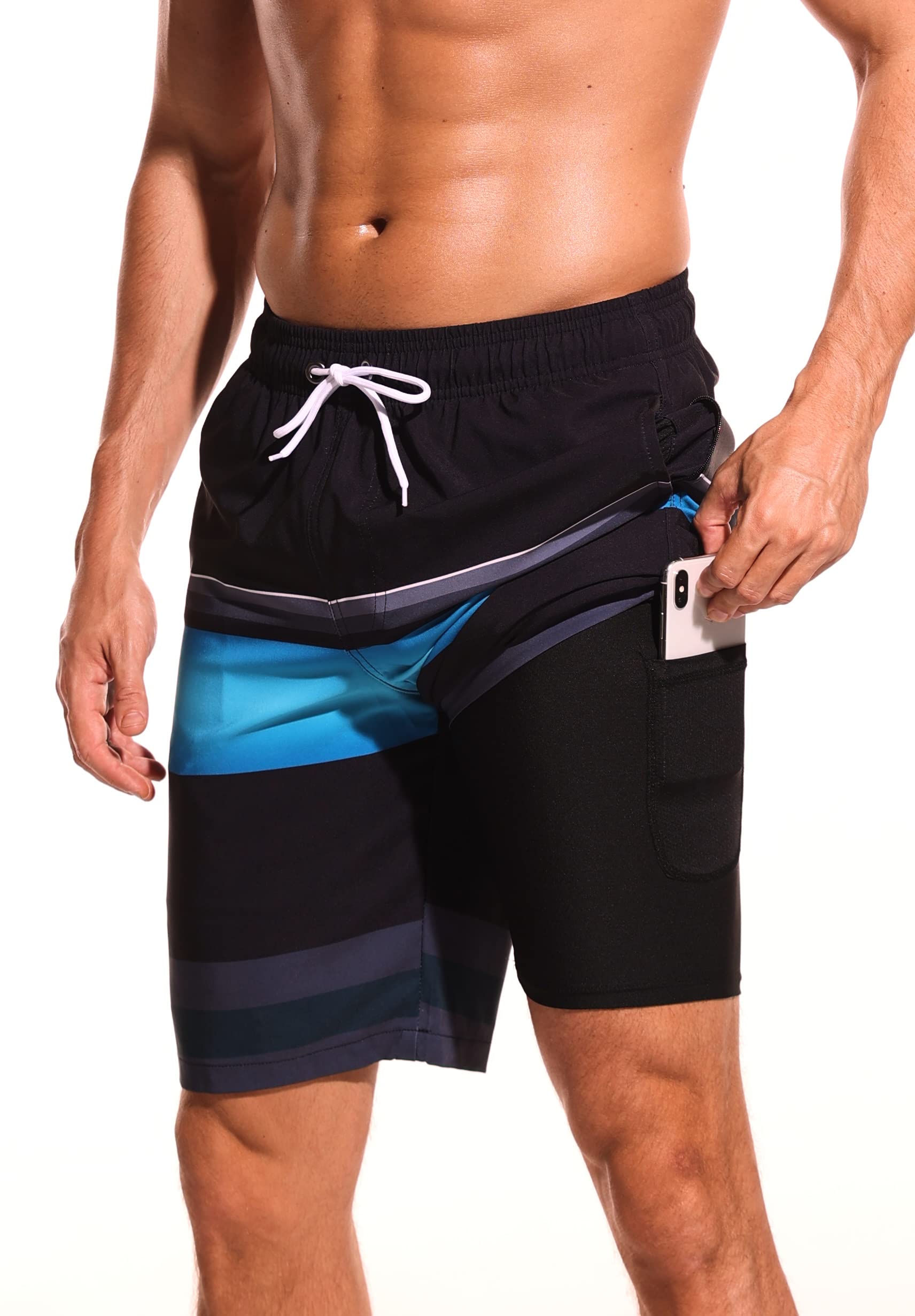 difficort Mens Swim Trunks with Compression Liner Quick Dry Bathing Suits Shorts with Zipper Pockets