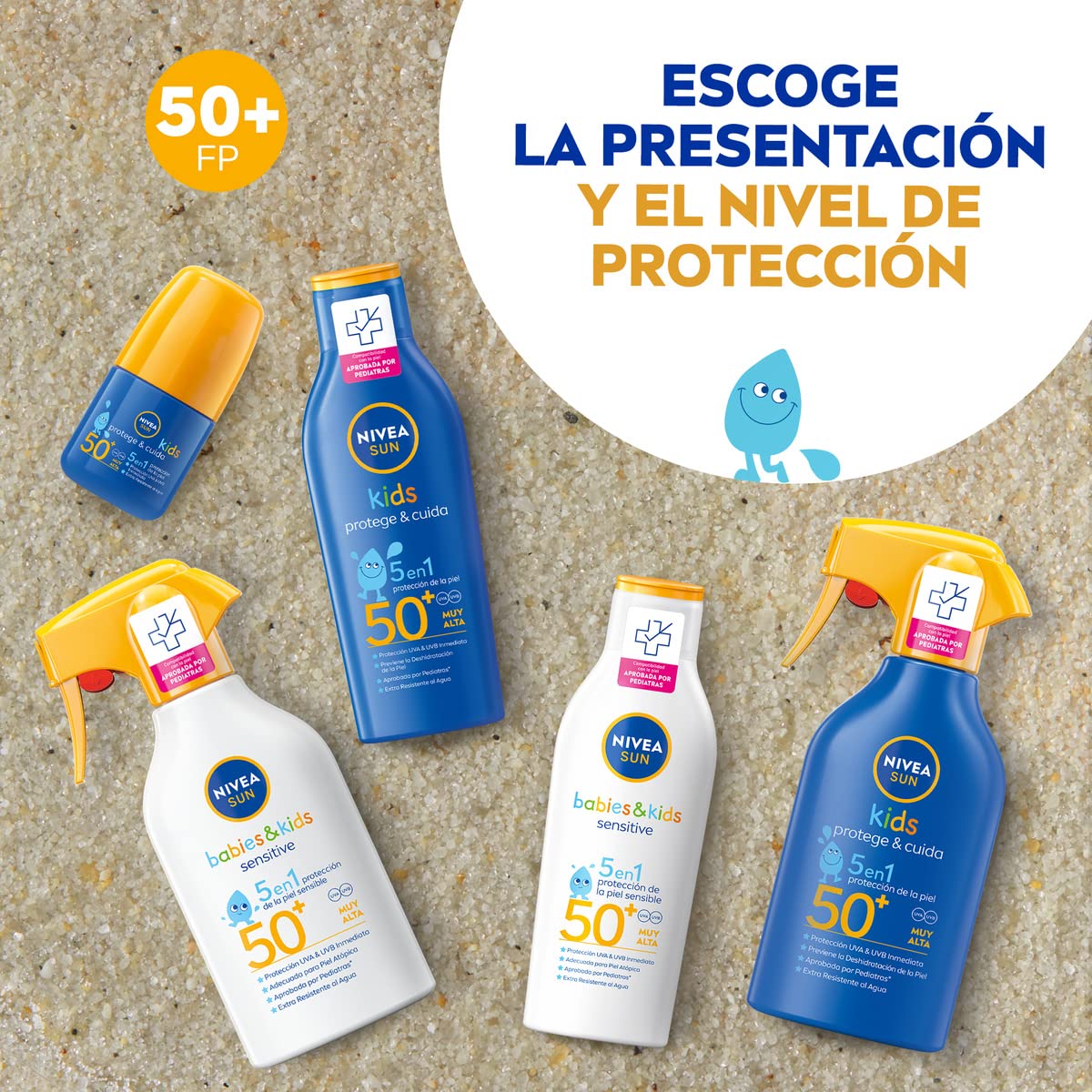 NIVEA SUN Kids Protege & Cuida 5 en 1 - Loción Solar con SPF50+ - Protector Solar Infantil Extra Resistente al Agua - Con Pantenol, Vitamina C y E - Aprobado por Pediatras - Todo Tipo de Piel - 200 ml