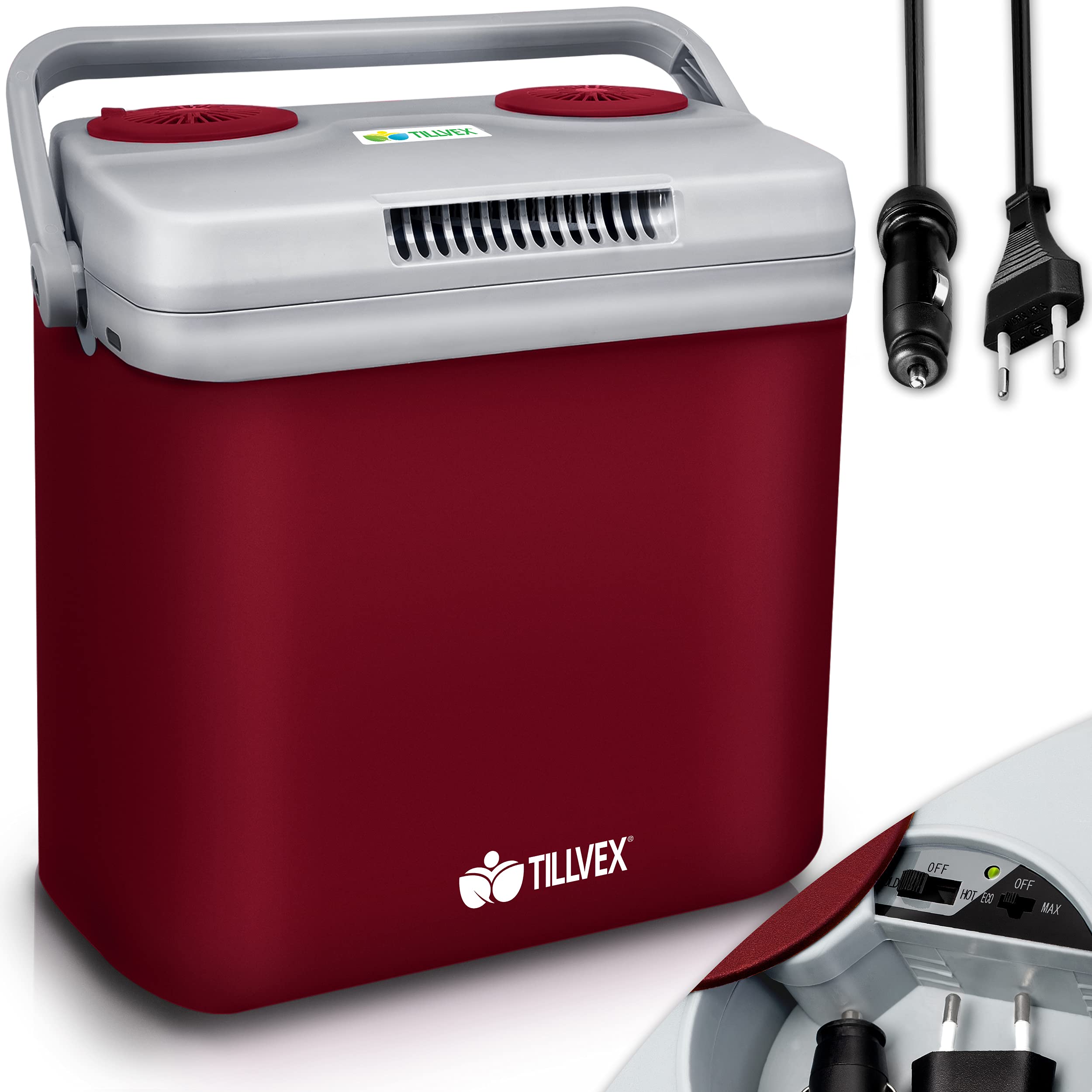 tillvex lodówka elektryczna 32L | Mini-lodówka 230 V i 12 V do samochodu, kempingu | chłodzi i ogrzewa | tryb ECO (czerwony)