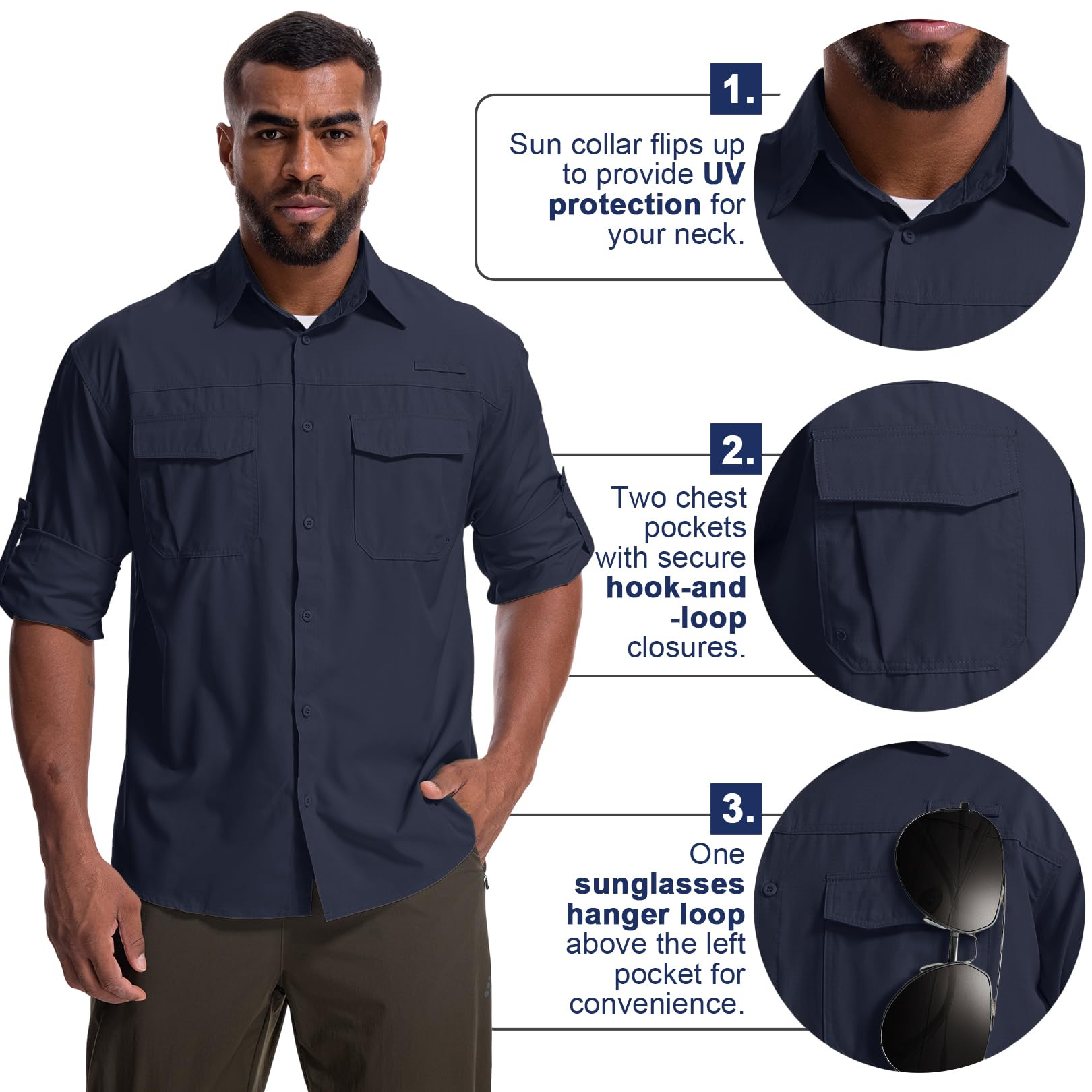 Camisas de safari para hombre, protección solar UV UPF 50+, manga larga, para exteriores, secado rápido, pesca, senderismo, jardinería
