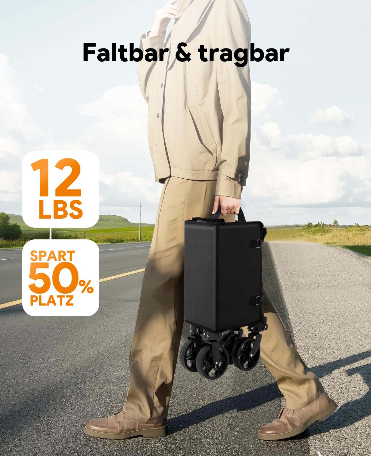 3 in 1 Bollerwagen Faltbar 120L, Klappbar Handwagen mit Rädern, 220lbs Transportwagen Faltbar, Umbaubar in Eine Bank, Einkaufstrolley Klappbar Allzweckwagen für Sport Camping Garten Strand,Tiefschwarz