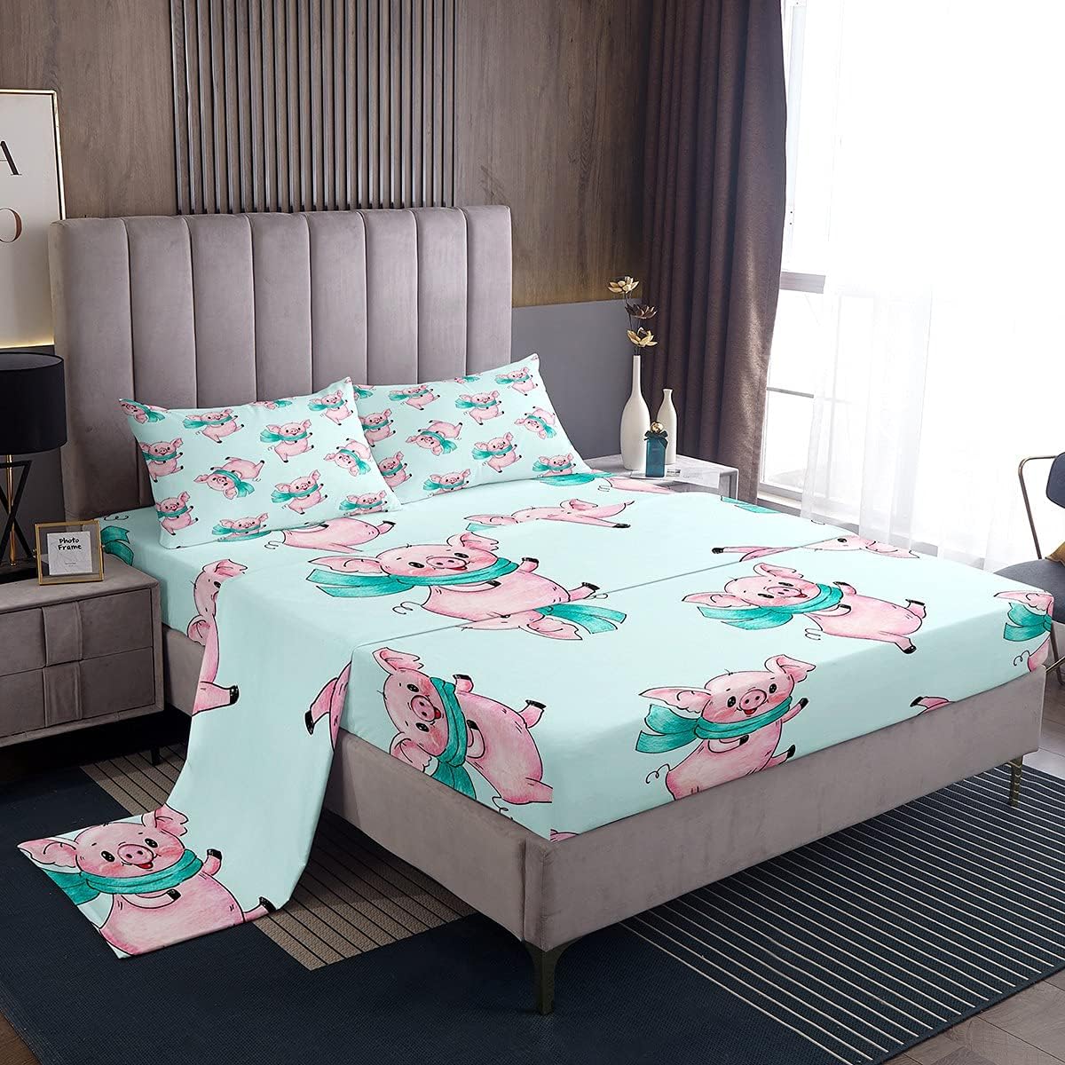 Feelyou Pig Printed Bed Sheet Set Cute Animal Bedding Queen Size with 2 Pillow Case