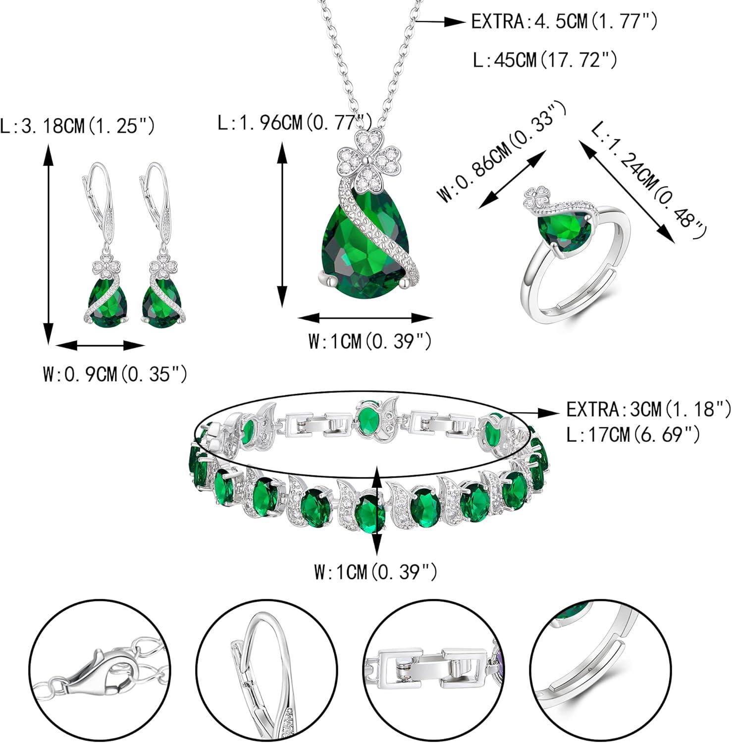 EVER FAITH Wedding Prom Four Clovers Jewelry Set for Women, Teardrop Cubic Zirconia Necklace Hoop Dangle Earrings Bracelet Open Ring Sets Anniversary Birthday Engagement Gift for Friend Lover Wife - Image 6