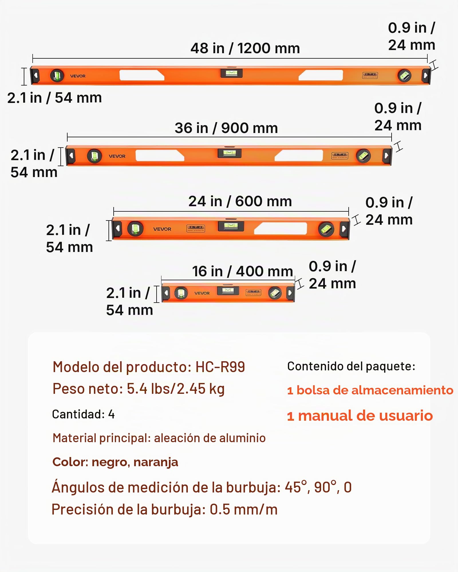 VEVOR Nivel de Burbuja Magnético de Aluminio, Juego de 4 Piezas 40/60/90/120 cm, Herramienta de Nivelación con 3 Burbujas, Estructura en I y Orificio para Colgar, Uso en Construcción Bricolaje Hogar