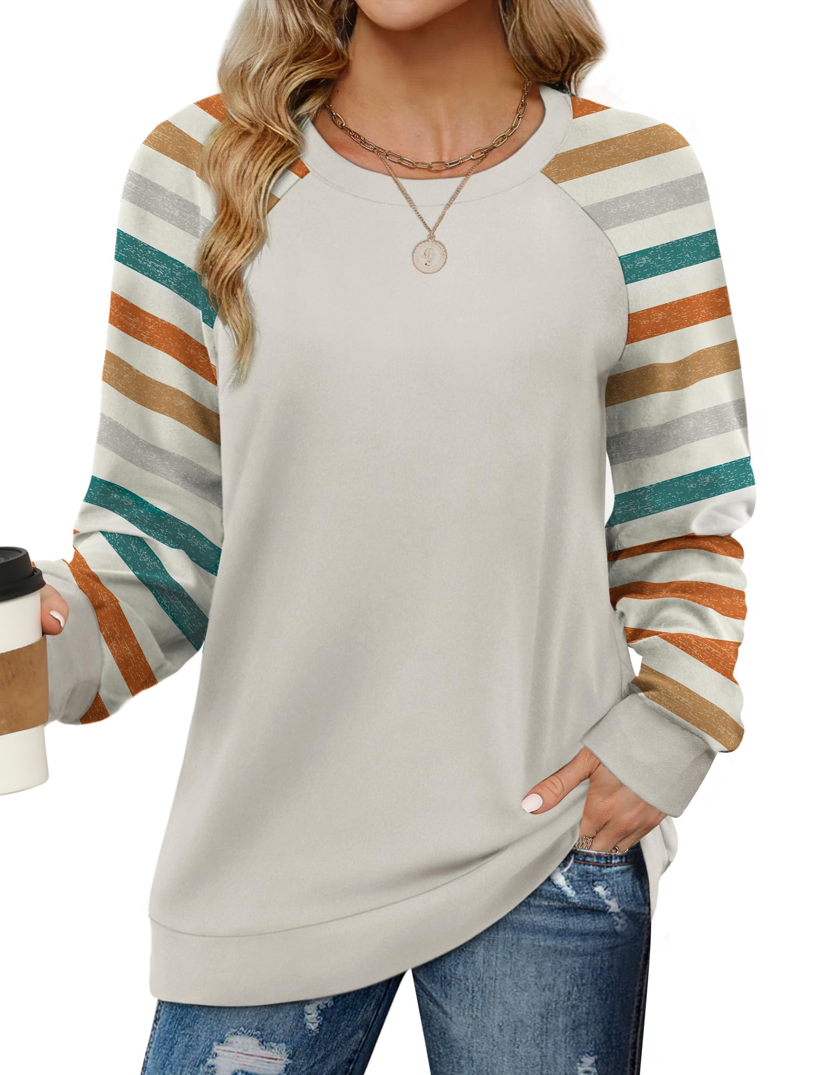 Saloogoe Sweatshirts for Women Crewneck Cable Knit Sleeve Sweaters Lightweight Fashion 2025