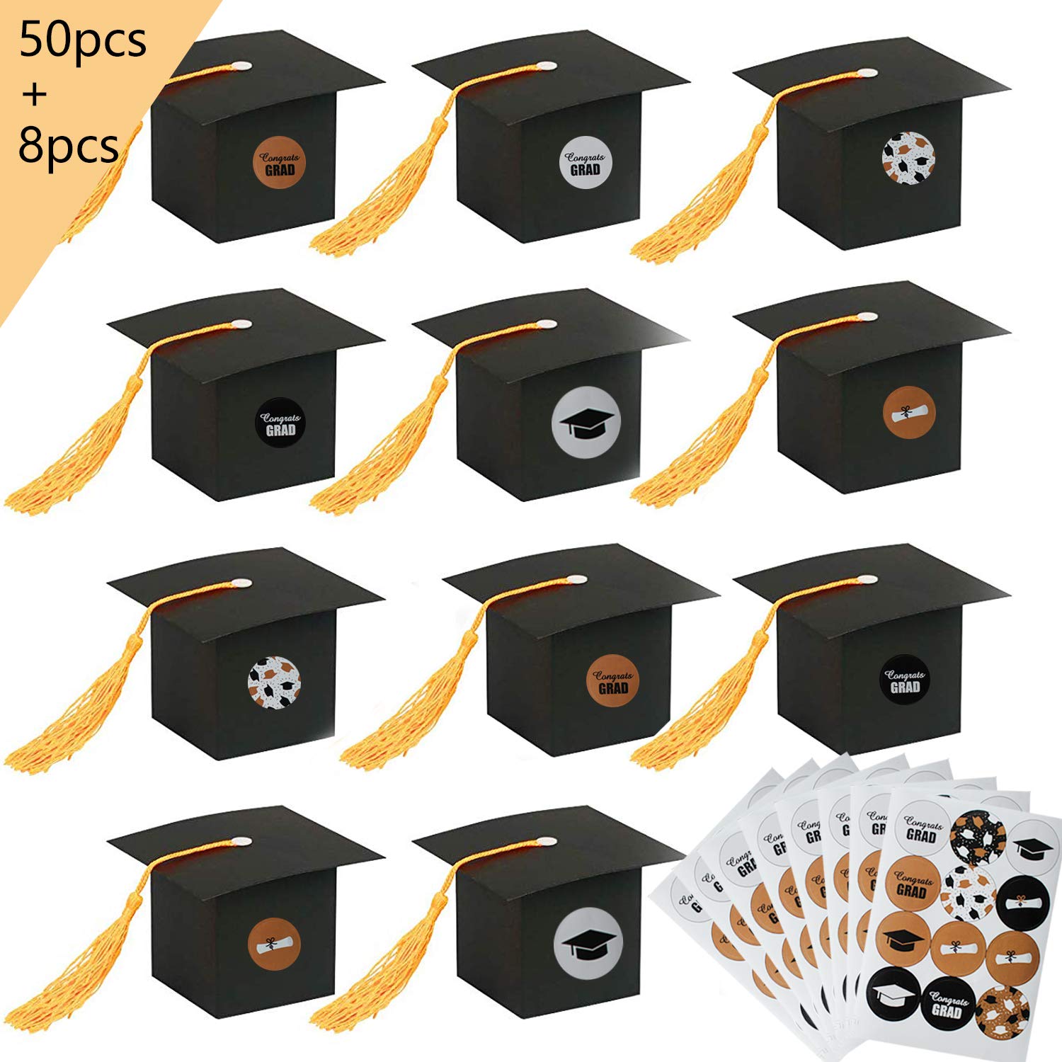 Buy 50 Packs Graduation Cap Shaped Gift Box, 8 Graduation Stickers