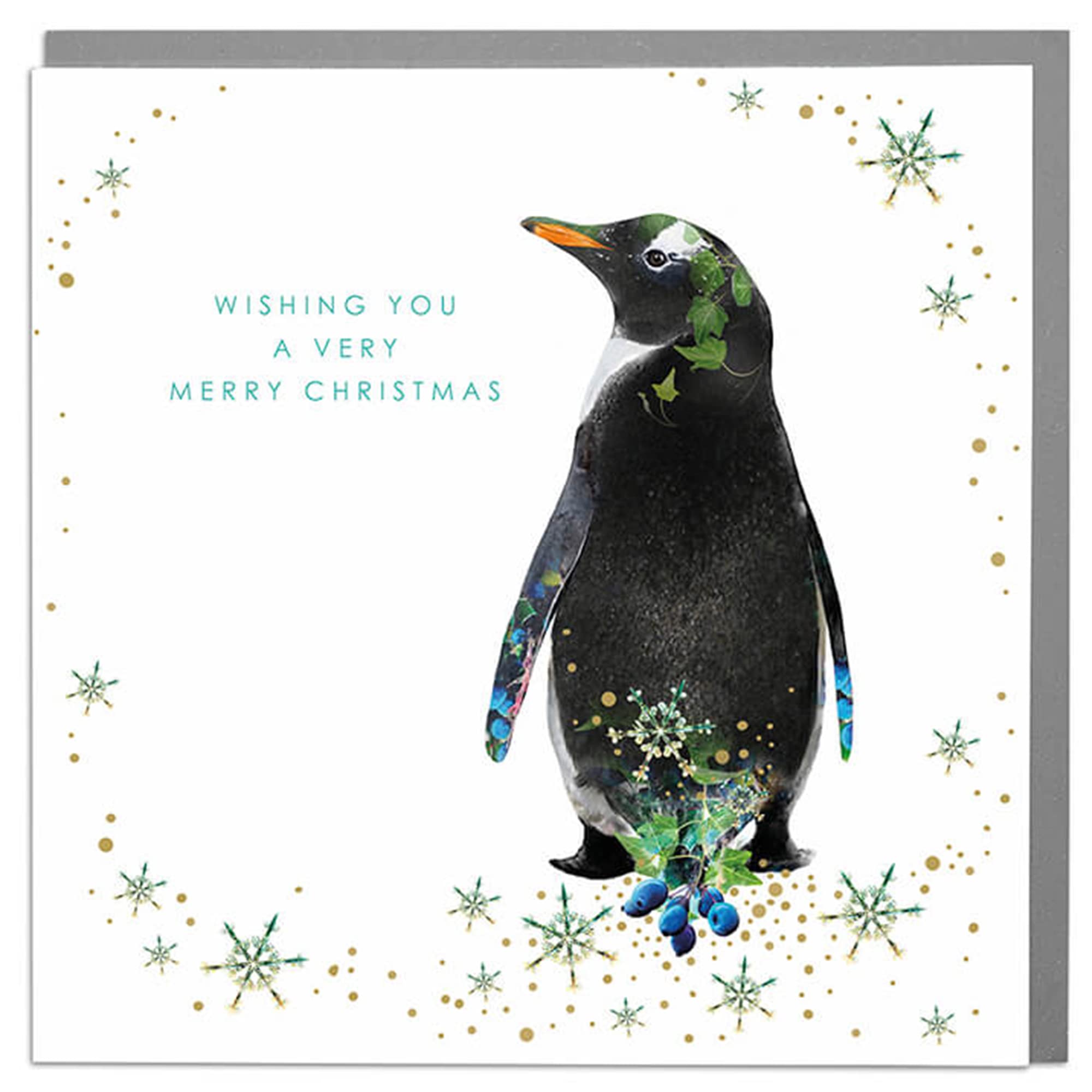 Lola Design ltd Very Merry Chirstmas - Single Penguin Wildlife Christmas Card with Grey Envelope by
