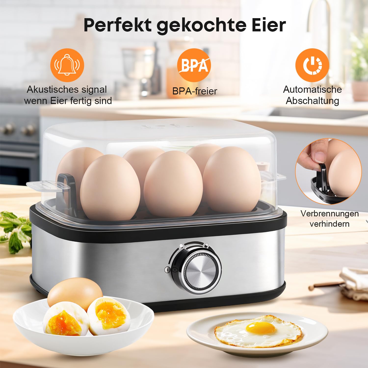 Hervidor de huevos 6 huevos cocina los tres niveles de cocción [suave|medio|duro] | Señal acústica, sin BPA, para huevos con tortilla, bandeja y huevera