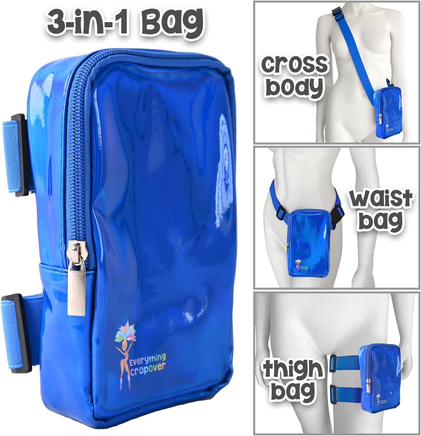 3-IN-1 Thigh Bag Fanny Pack Crossbody Bag | Carnival Leg Harness for Women | Holographic Waist Bag | Rave Leg Pack with Buckles | Blue