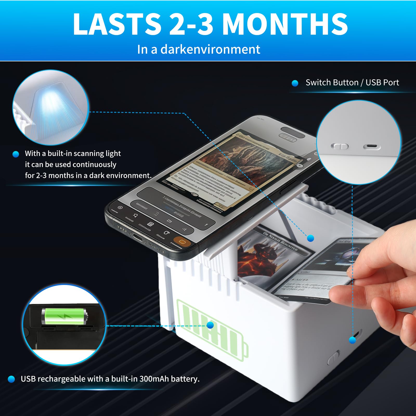Soporte para escáner de tarjetas de intercambio, MTG y TCG con luz LED y base magnética, escaneo rápido y comprobación de precios, tarjetas coleccionables sin manga