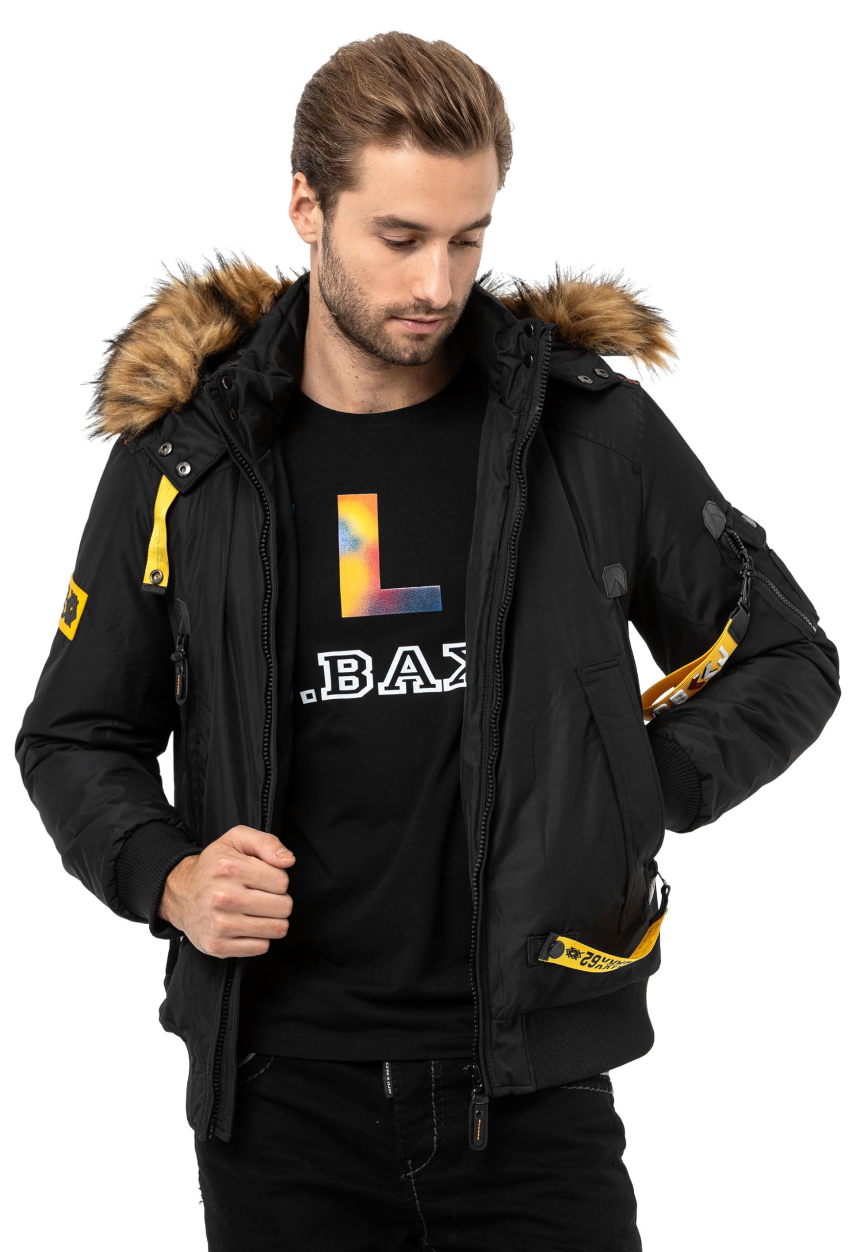 Cipo & Baxx Herren Mantel CM220 Schwarz – Stylische Winterjacke im modernen Design mit warmem Innenfutter, abnehmbarer Kapuze und funktionalen Details für kalte Tage - CM220 Schwarz M