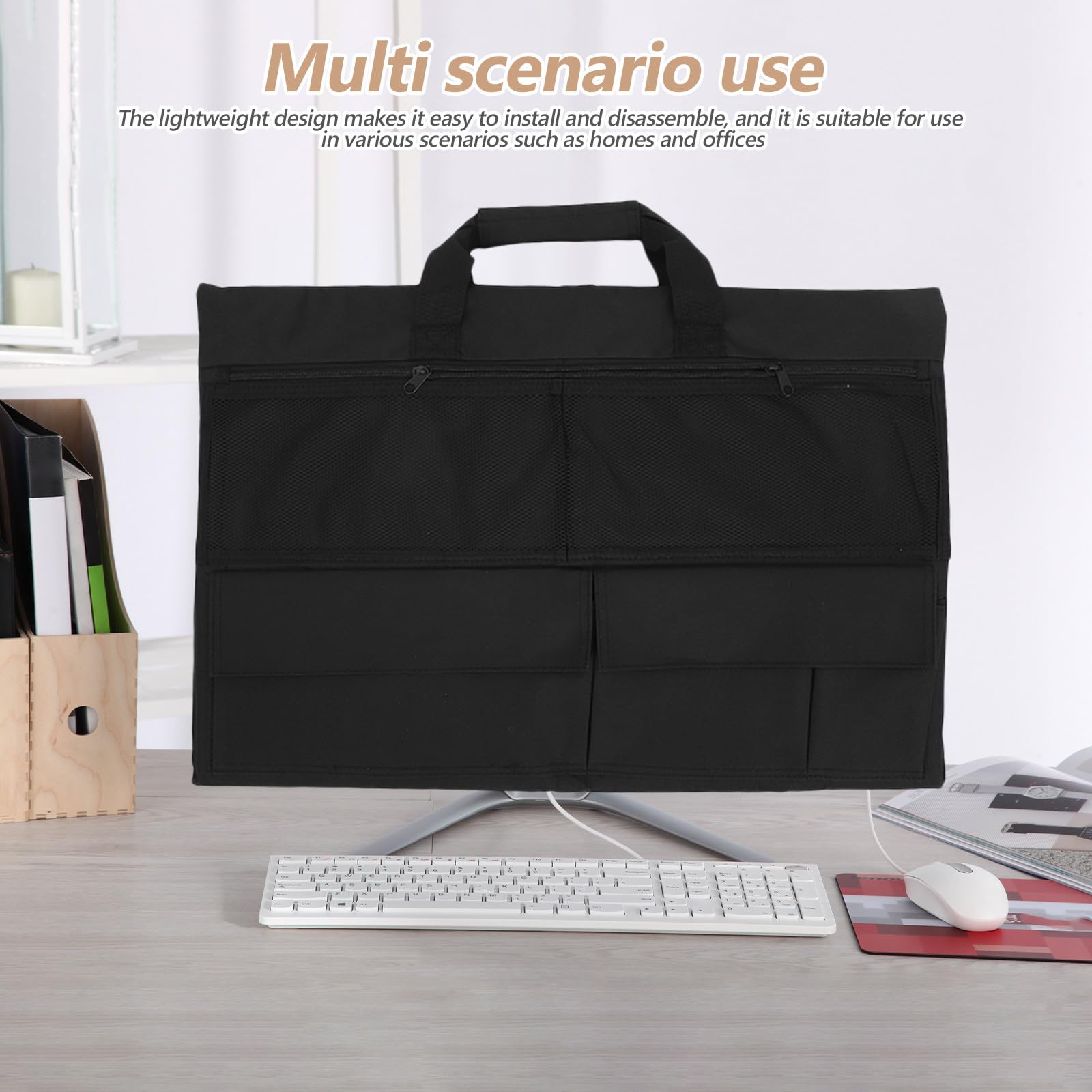 KICHOUSE Copertura Antipolvere per Monitor e Schermo LED in Nylon Nero Tasca e Maniglia per Ufficio e Casa