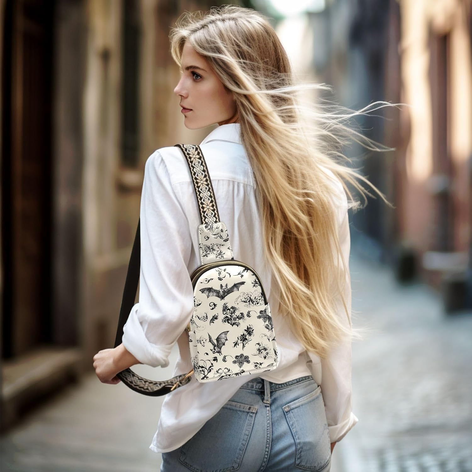 ZAZYXTJ Gothic Bat Flowers Crossbody Sling Bag for Women Leather Small Chest Bag Adjustable Straps Daypack for Travel Sport Hiking