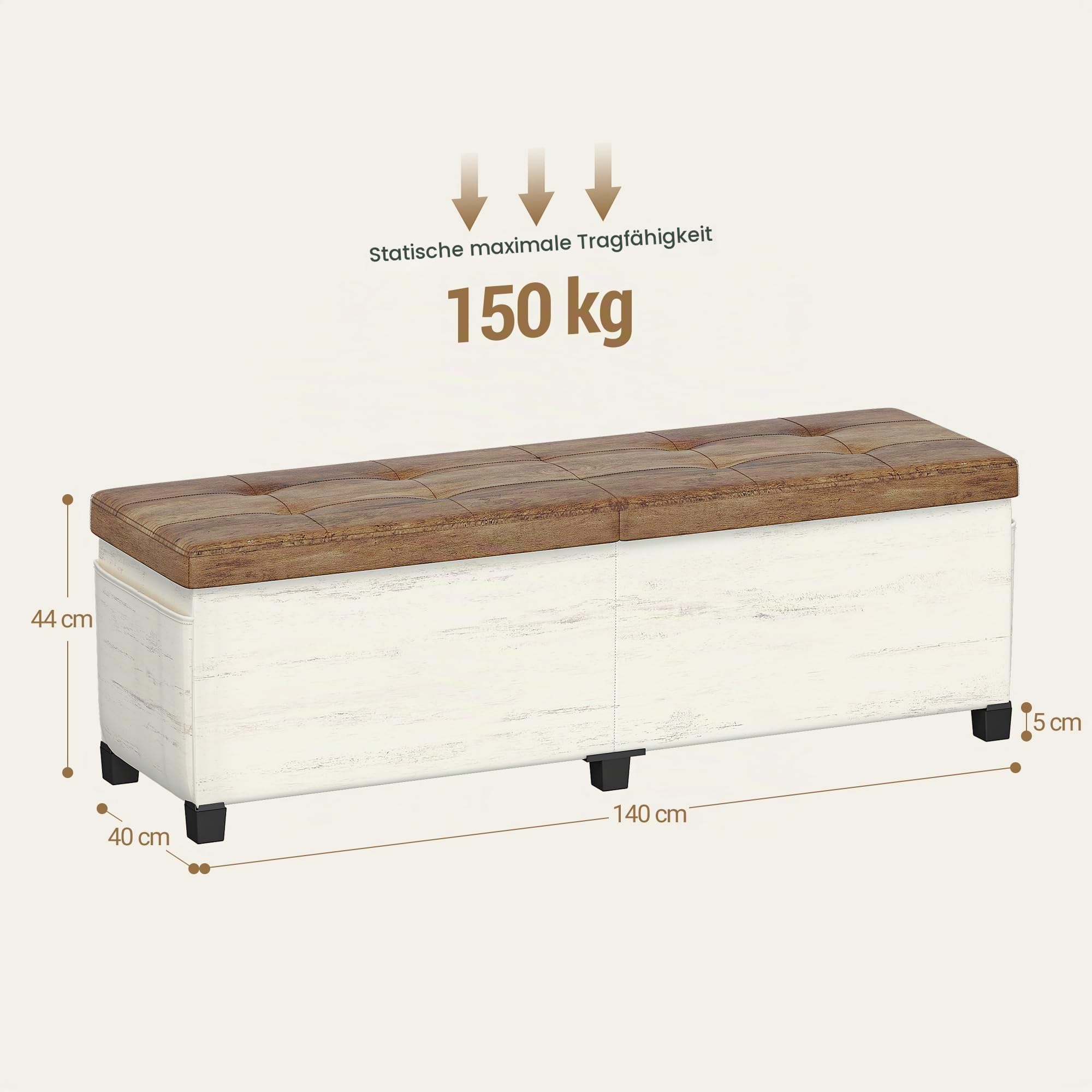 Hzuaneri Truhenbank mit Stauraum, Faltbar, Weiß Braun, 40x140x44cm | Aufbewahrungsschrank, Leinenbezug, Tragkraft 150 kg, Für Wohnzimmer, Schlafzimmer, Flur, SB31499YW