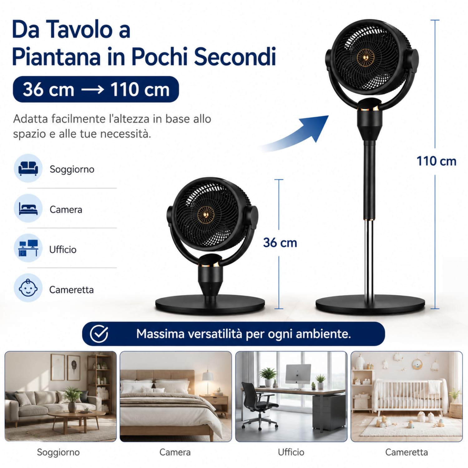 Ventilatore a Piantana Silenzioso 23 dB con Motore DC, Circolatore d'Aria 3D Oscillante, 6 Velocità, Telecomando, Controllo Vocale Smart, Timer, Altezza Regolabile, 2 in 1 per Casa e Ufficio