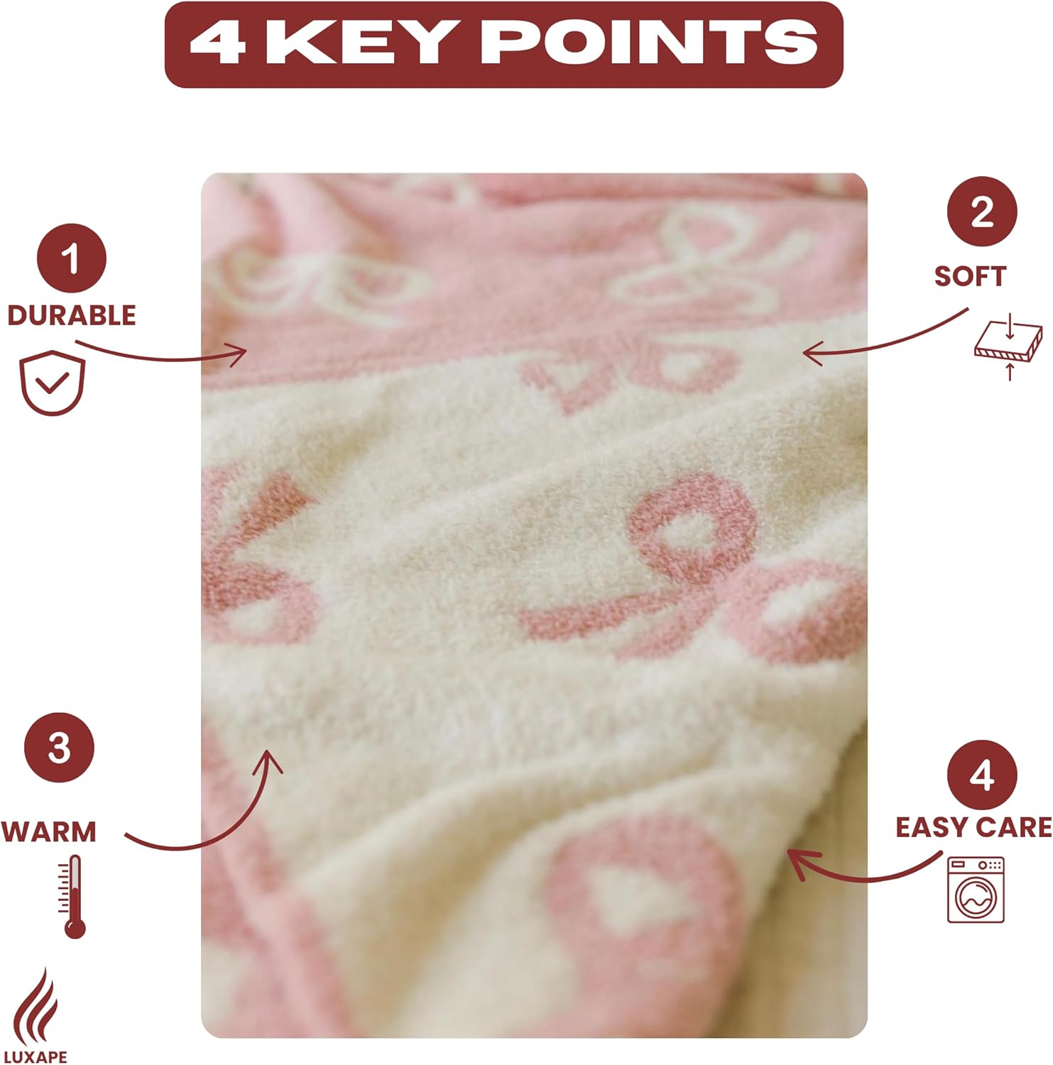 Bow Blanket Pink Bows Soft Throw Blanket Reversible Premium Cozy Fabric for Best Comfort - for Infant,Toddler,Newborn,Nursery,Girl,Throw,Crib,Stroller,Gift, (Pink Bows, 30x40 in) - Image 2