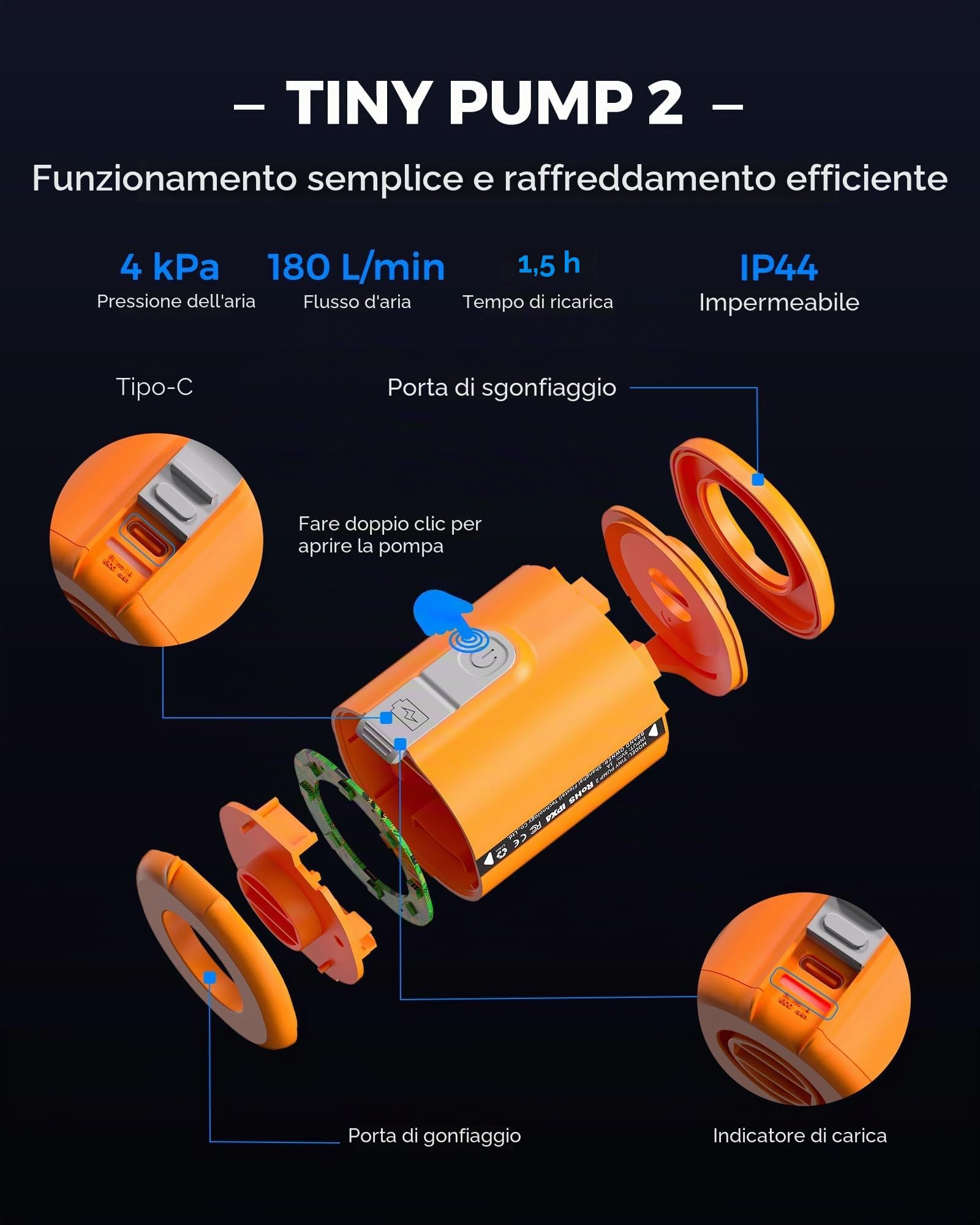 FLEXTAILGEAR TINY PUMP 2, Pompa Elettrica Portatile da Campeggio, Pompa Sottovuoto, 4 kPa(180 L/min) Pressione e Portata Elevate, 5 Ugelli Multifunzione per Letto ad Aria, Sacchetto Sottovuoto