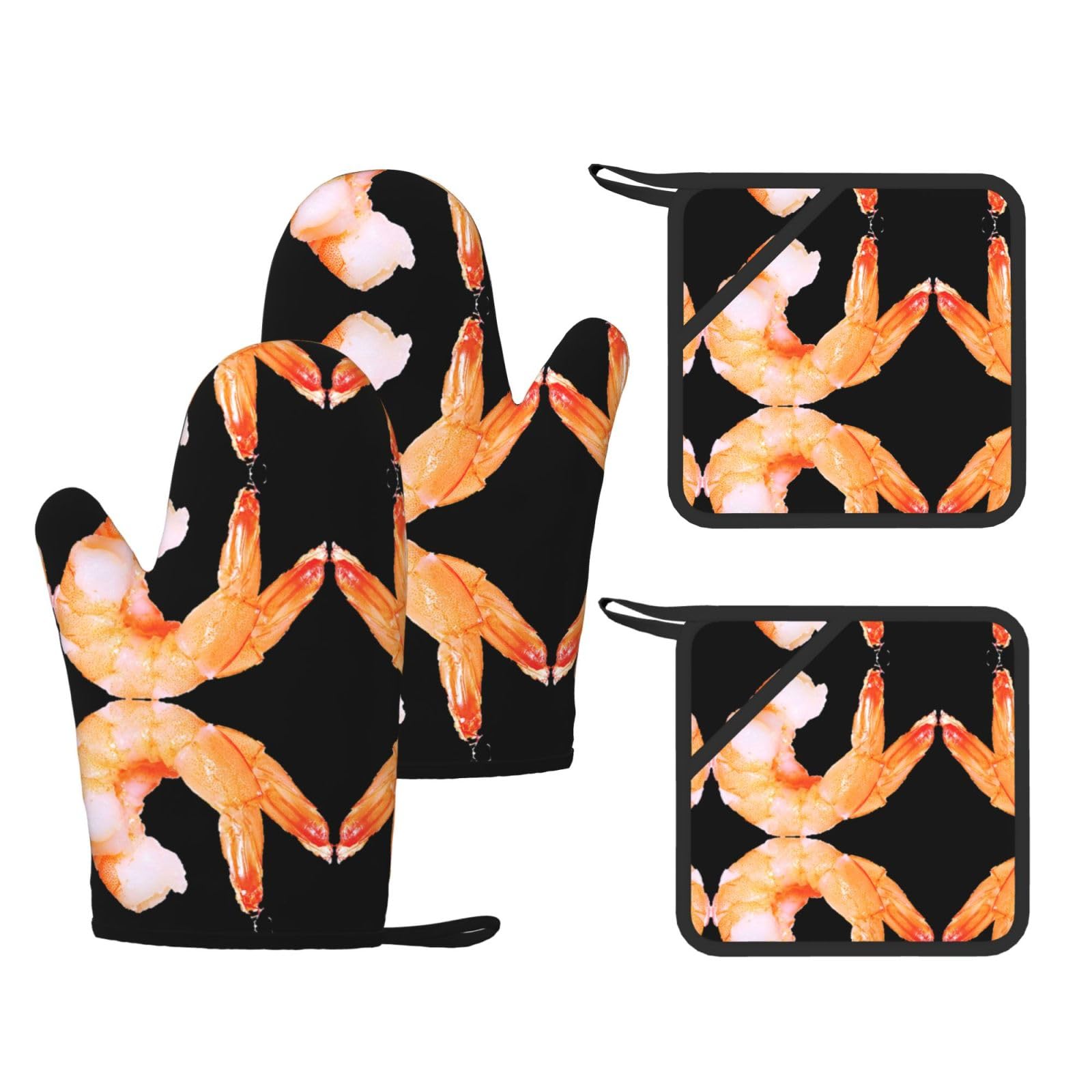 glutton shrimps Printed Pot Holders and Oven Mitts 4-Piece, Non-Slip Kitchen Gloves with Utensil Pocket for BBQ