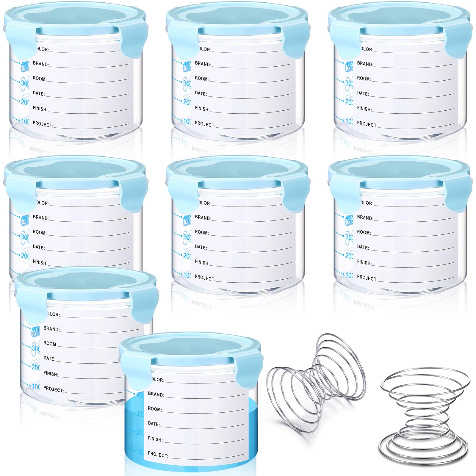 Skylety 8 Set Plastic Paint Container with Lids Airtight Paint Storage Container with Stainless Steel Mixing Ball Touch up Cups(600 ml,Blue)