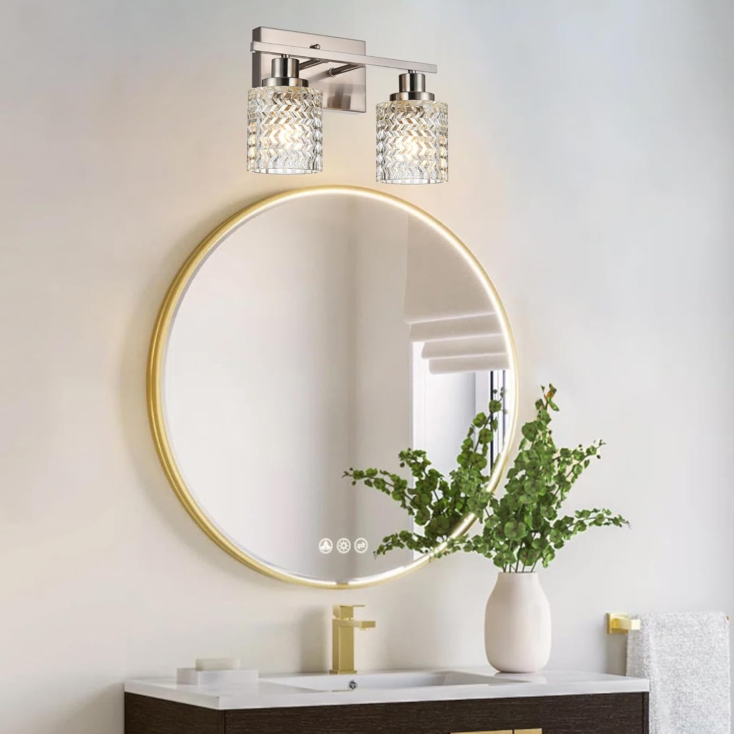 MELUCEE 2-Light Wall Sconce Lighting with Hammered Glass Shade, Brushed Nickel Bathroom Lights Over Mirror, Modern Vanity Lighting Fixtures for Porch Entryway Stair