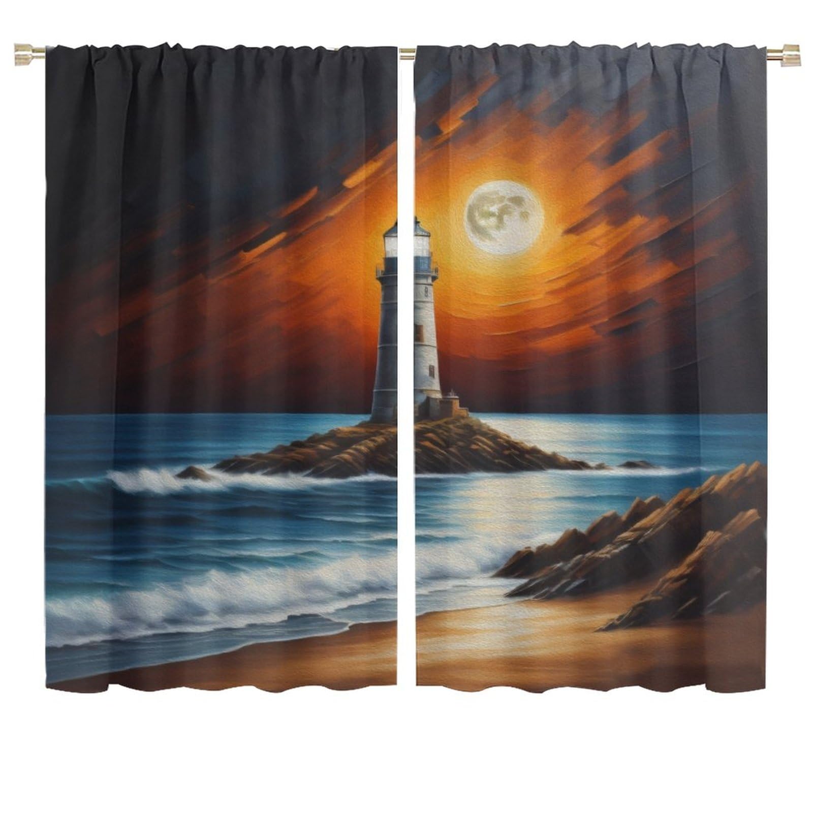 Lightinghouse Curtain Waves and Sunset Island Blackout Print Rod Pocket Window Drapes for Bedroom Living Room 72x63in