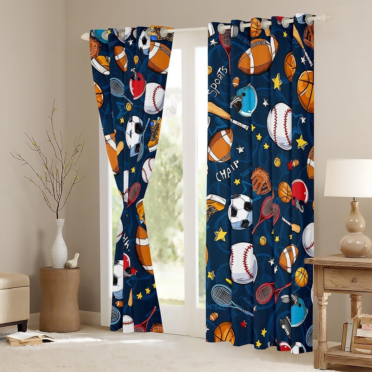 Basketball Curtains Baseball Football Rugby Window Treatments for Kids Boys Girls Teens Ball Sports Themed Window Curtains Soccer Football Game Volleyball Draperies 2 Panels 52"Wx90"L,Bedroom Decor