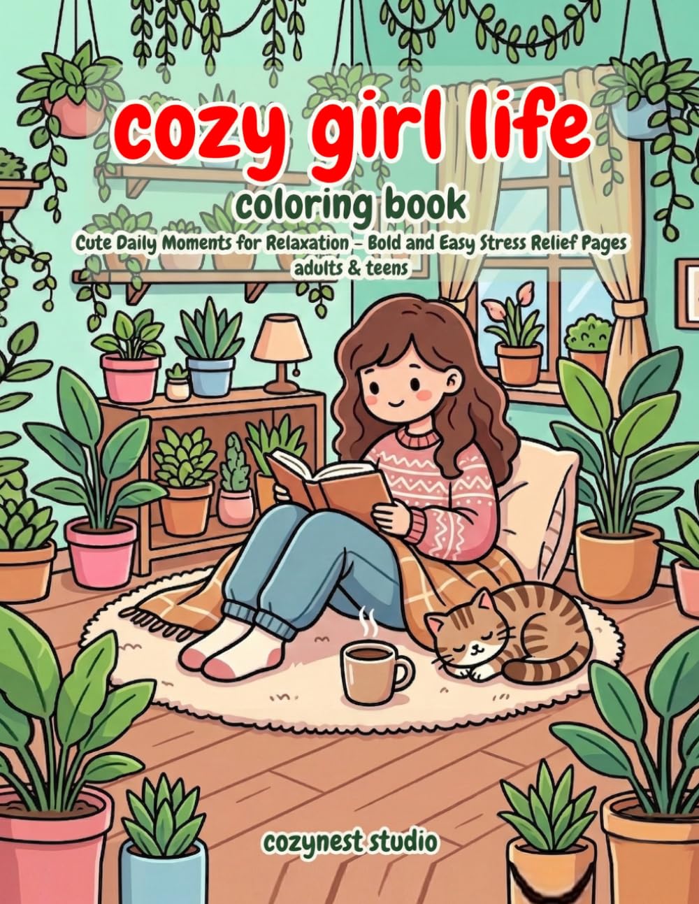 cozy girl life coloring book: Cute Daily Moments for Relaxation – Bold and Easy Stress Relief Pages adults & teens