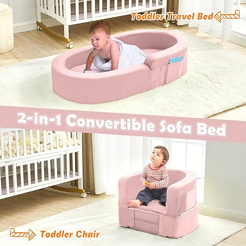 Miniatura 2 de QUCHI Cama de viaje para niños pequeños, cama portátil para niños pequeños, sofá plegable 2 en 1 de viaje, cuna de espuma suave con funda lavable,