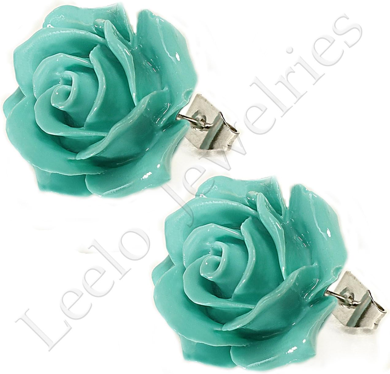 Coral Cyan Rose Stud Earrings