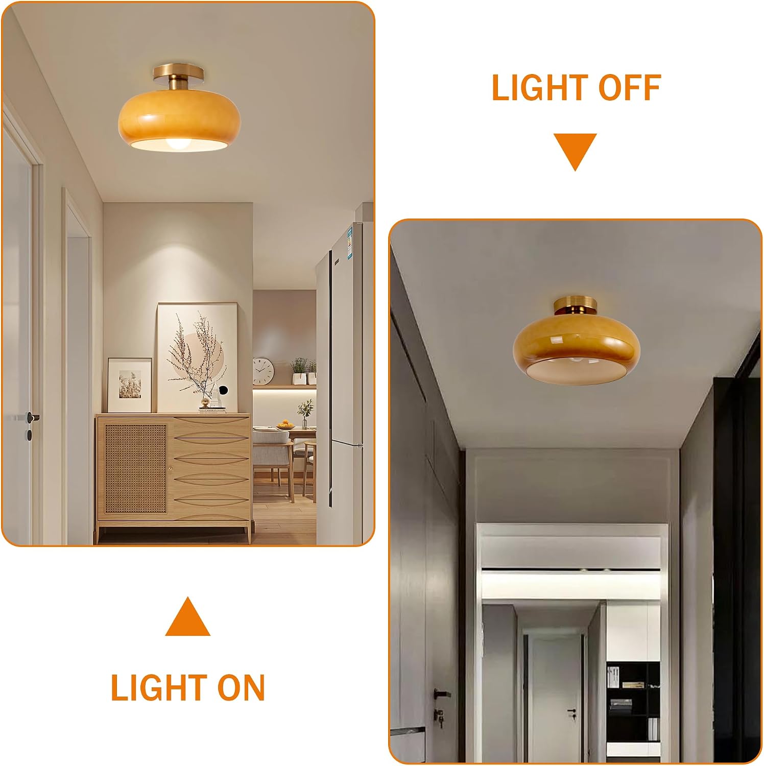 Semi Flush Mount Ceiling Light Fixture Gold Mid Century Modern Ceiling Lighting with Orange Dome Glass Shade Hallway Light Fixtures Ceiling Lamp for Bedroom Living Dining Room Kitchen