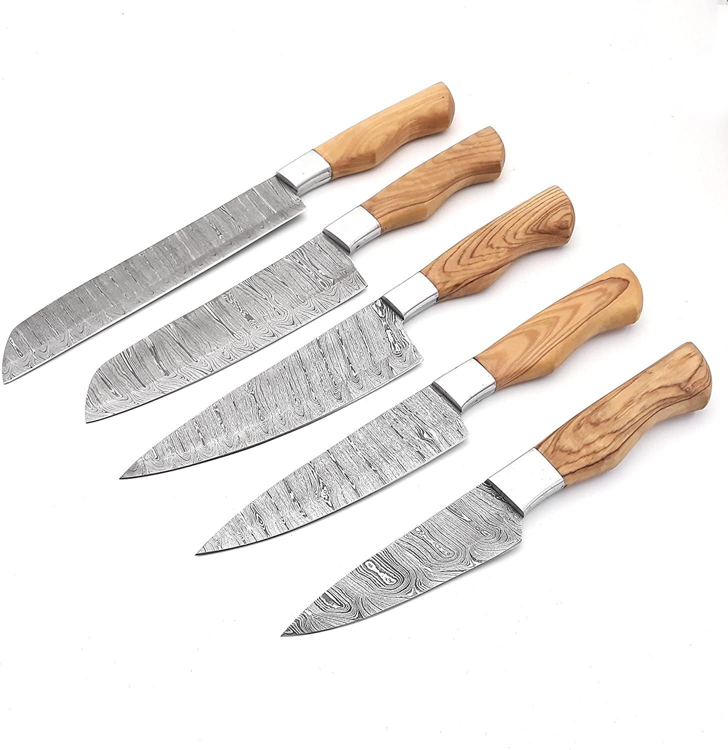 BostonLeatherCompanyBostonLeatherCompany Handmade Damascus steel Kitchen CHEF'S KNIVE Set 5 pcs, Chef knife set, Home Chef Knife, Kitchen Knives Christmas gift, MULTI, Blue