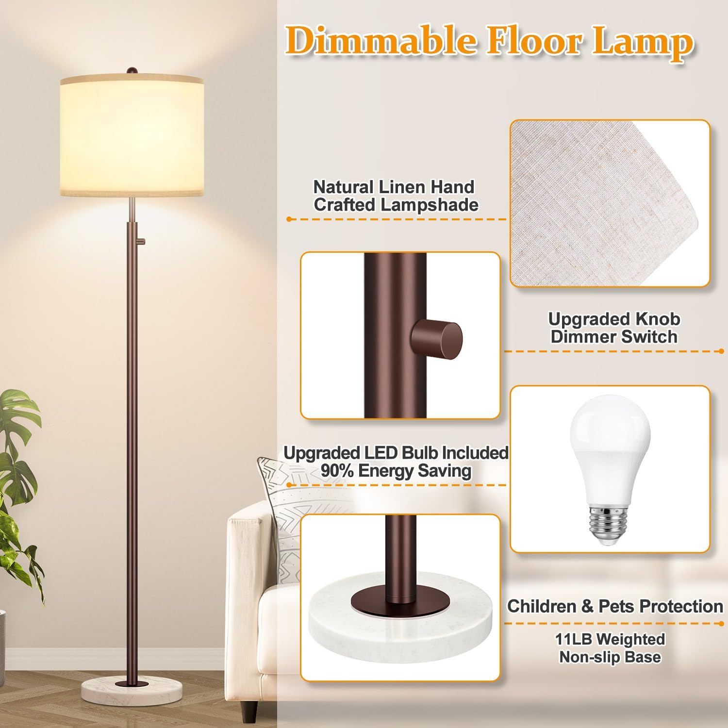 Nintiue 【Upgraded】 Dimmable Floor Lamp for Living Room, 11W LED Bulb Included, Modern Standing Lamp with Marble Base, Tall Pole Light with Linen Shade for Bedroom Reading Office Corner Nursery-Brown