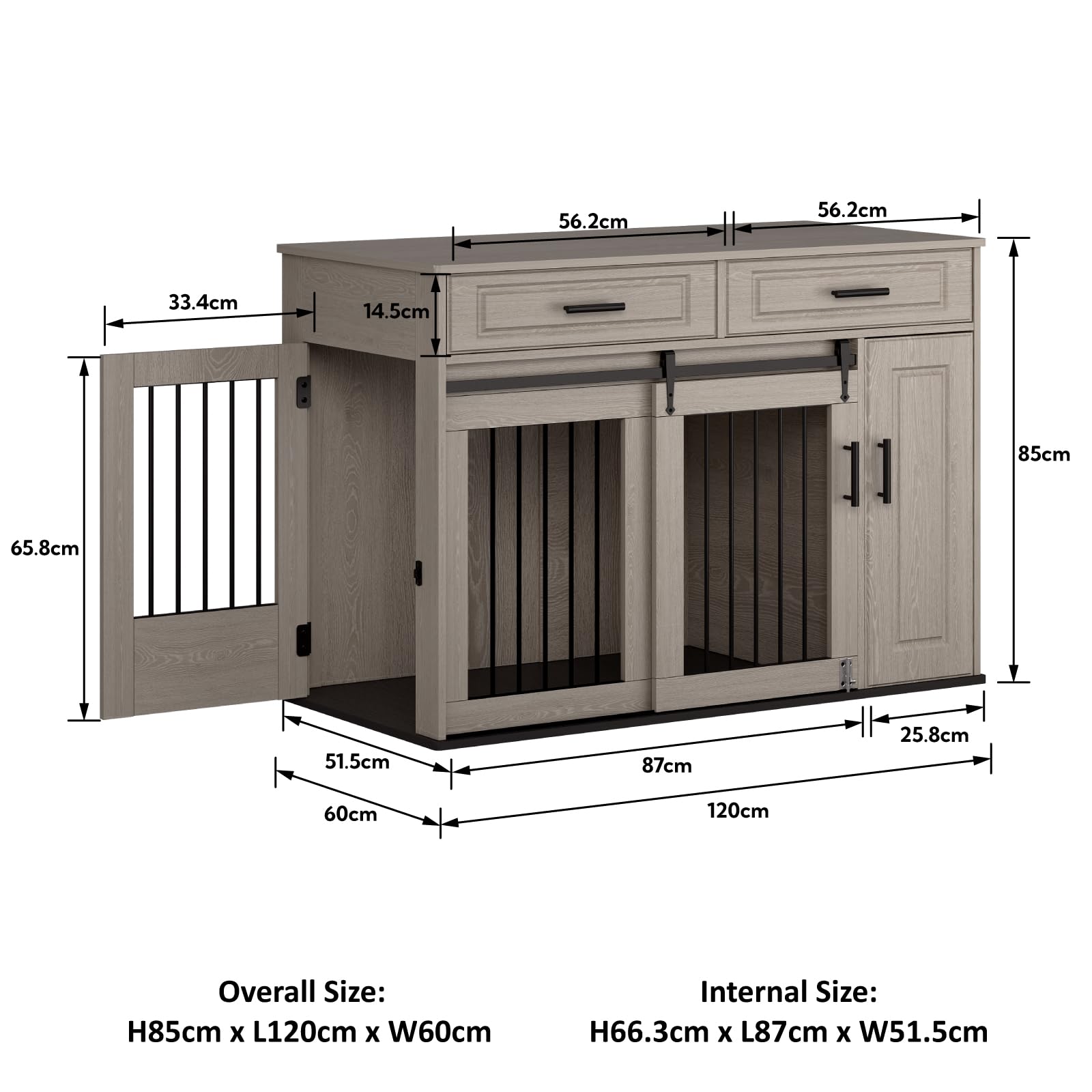 Mueble Estilo Perrera, Perrera Grande de Madera para Perros con Puertas Corredizas, Cajones y Armario, Casa para Perros con Cerradura, Interior, Mesa, Gris