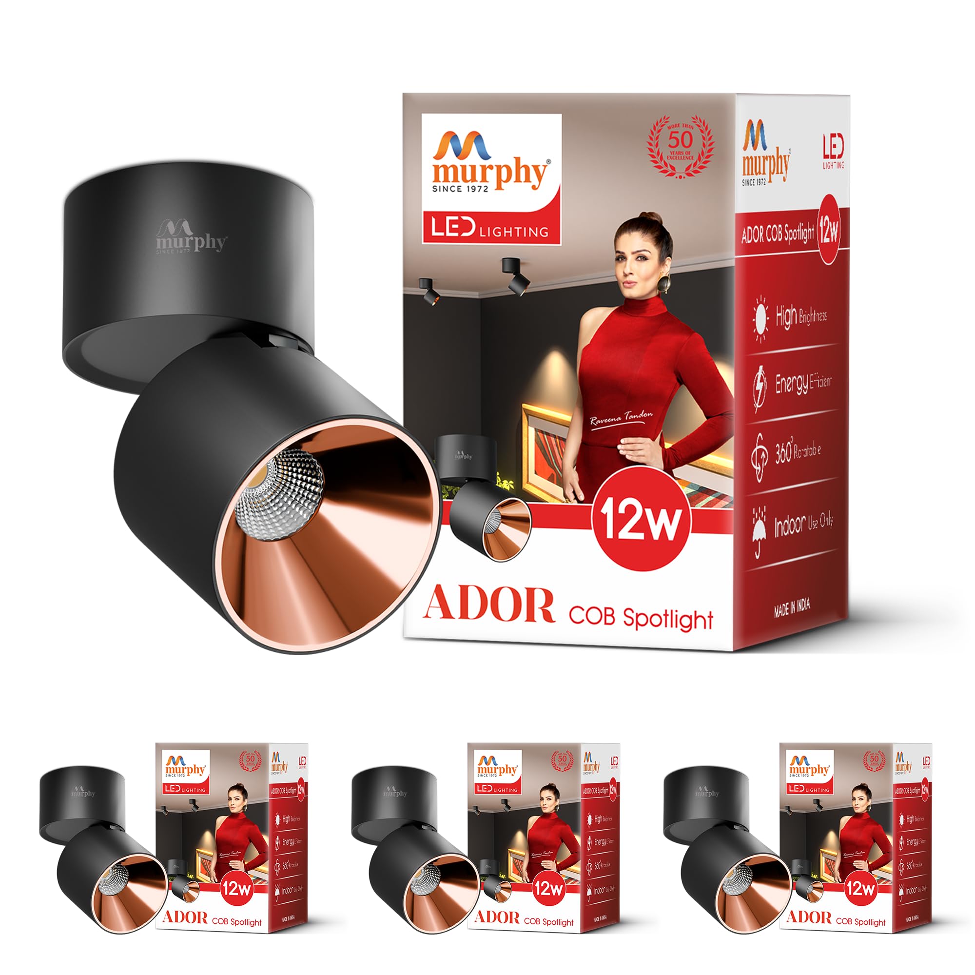 Murphy Ador 12W LED Surface COB Spot Light Rose Gold Reflector | Natural White 4000K | 360° Rotatable & 90° Adjustable | Aluminium Body | BIS Approved | 2 Year Warranty |Pack of 4