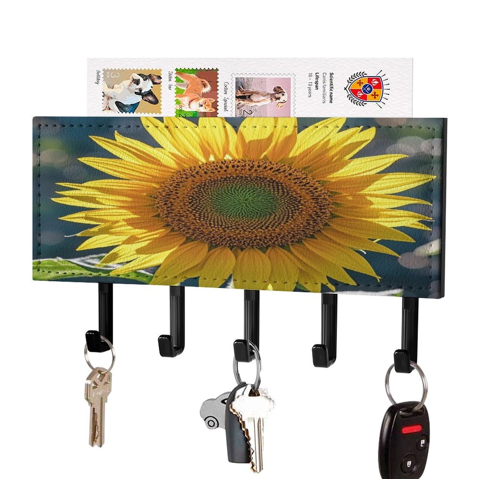 Lzqpoeas Black-Style Night Sunflowers Key Holder Wall Mount With Mail Organizer Fashion Adhesive Key Hanger With 5 Hooks No Drill Pu Leather Key Organizer Rack For Entryway Kitchen Hallway Decor