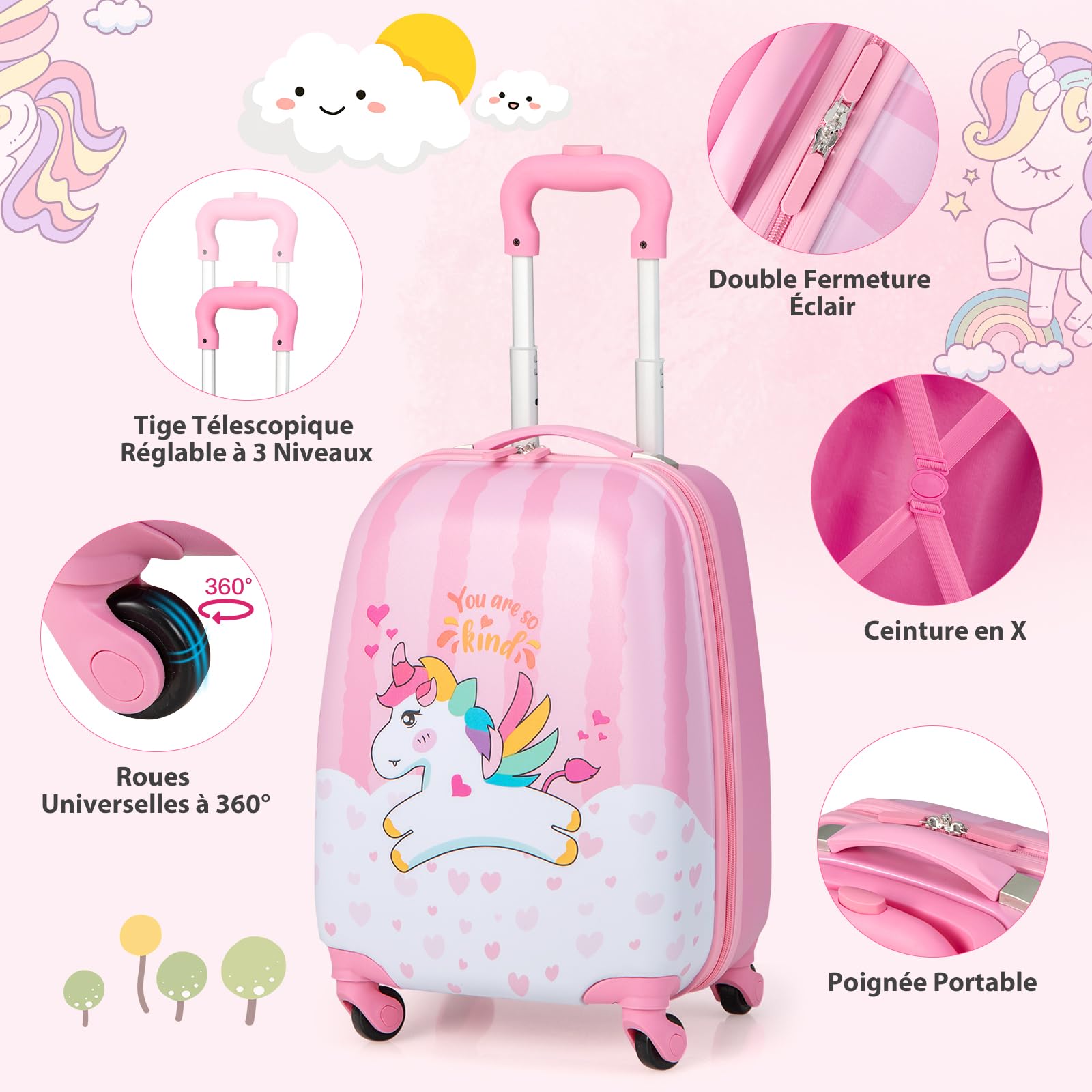 DREAMADE Valise Enfant 16" et Sac à Dos 12", Bagage à Main Rosé pour Enfants Filles, Cabine Enfant avec Motif Licorne, Valise Enfant Roulette avec 4 Roues Pivotante à 360°en Dessin(Licorne)