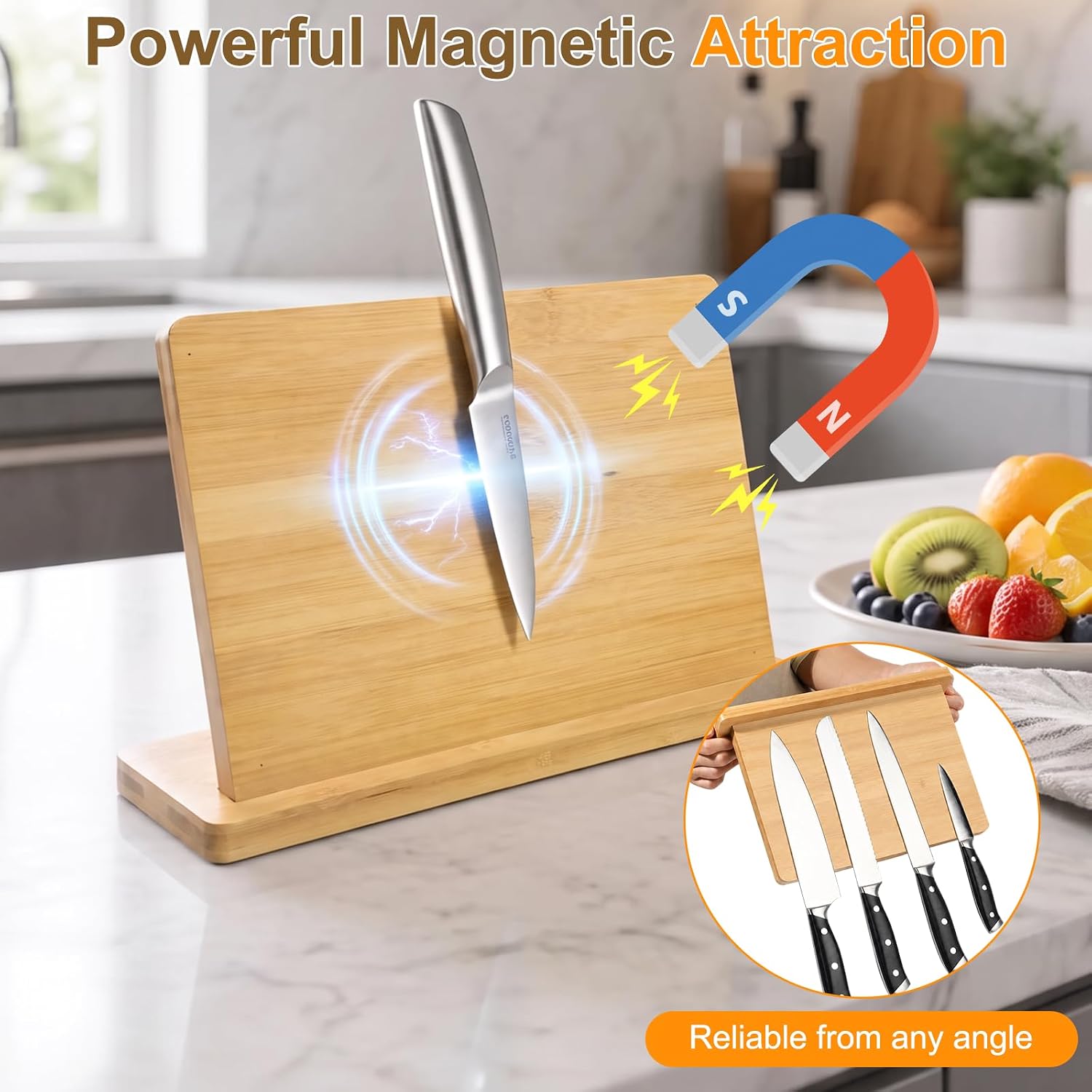 VINATO Magnetic Strip Knife Bamboo 40 cm, Magnetic Knife Holder with 2 Hooks, for Wall No Drilling, Extra Strong Magnetic Knife Holder Without Knives, for Kitchen Utensils, Tools, Storage