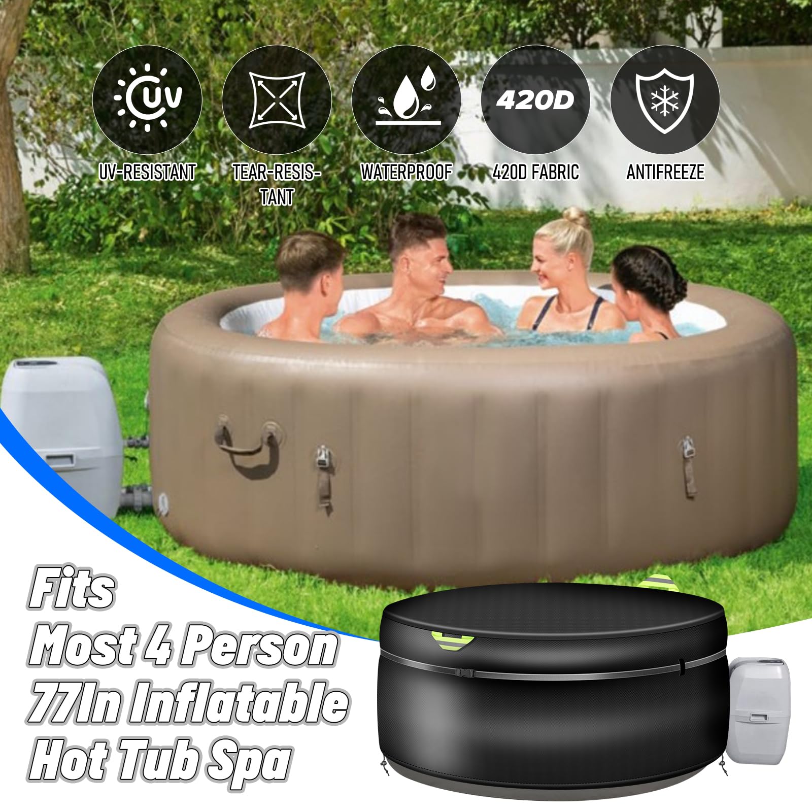 Cubierta redonda para bañera de hidromasaje de 220 x 72 cm, protector de cubierta de bañera de hidromasaje para 4 personas, 420D Oxford, cobertura completa, protector térmico de spa
