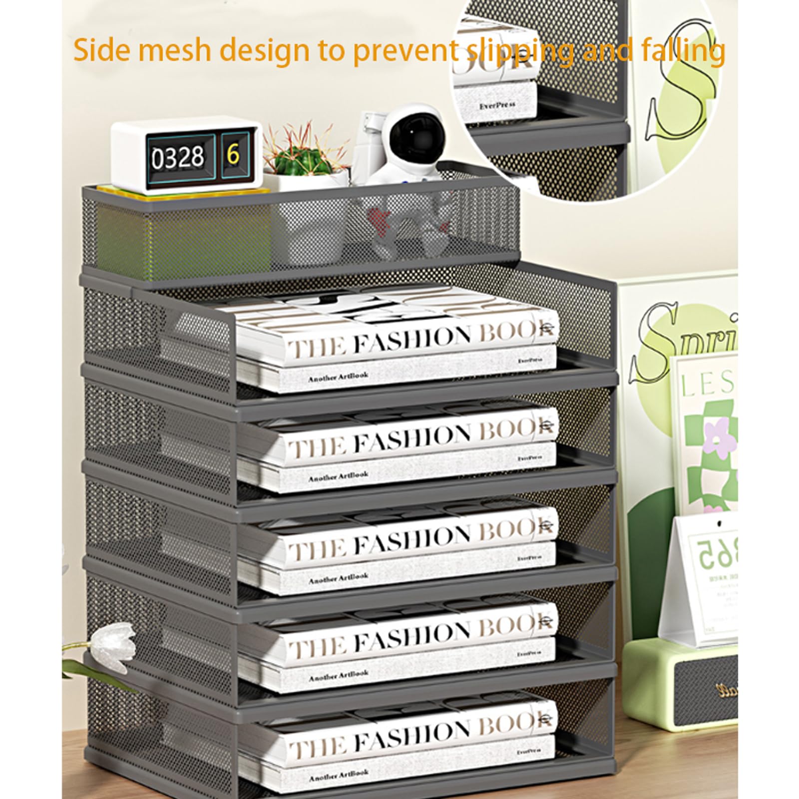Organizador de escritorio de malla con bandeja de papel y múltiples compartimentos, soporte de suministros de almacenamiento de oficina y hogar para archivos de escritorio y cartas