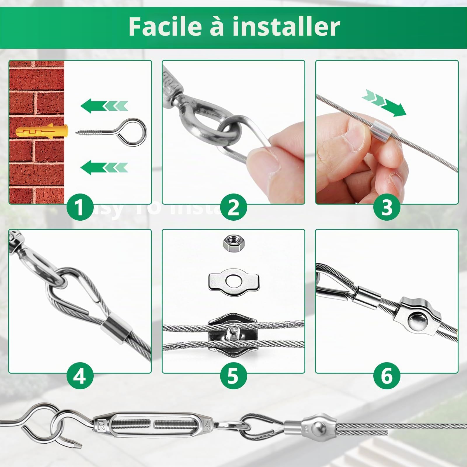 94 Pièces Kit de Câble Métallique en Acier Inoxydable 304, 60M 2 MM Recouvert de PVC avec Tendeur Cable Inox, pour Plantes Grimpantes, Clôture, Treillis, Étendoir Extérieur, Suspension de Luminaires