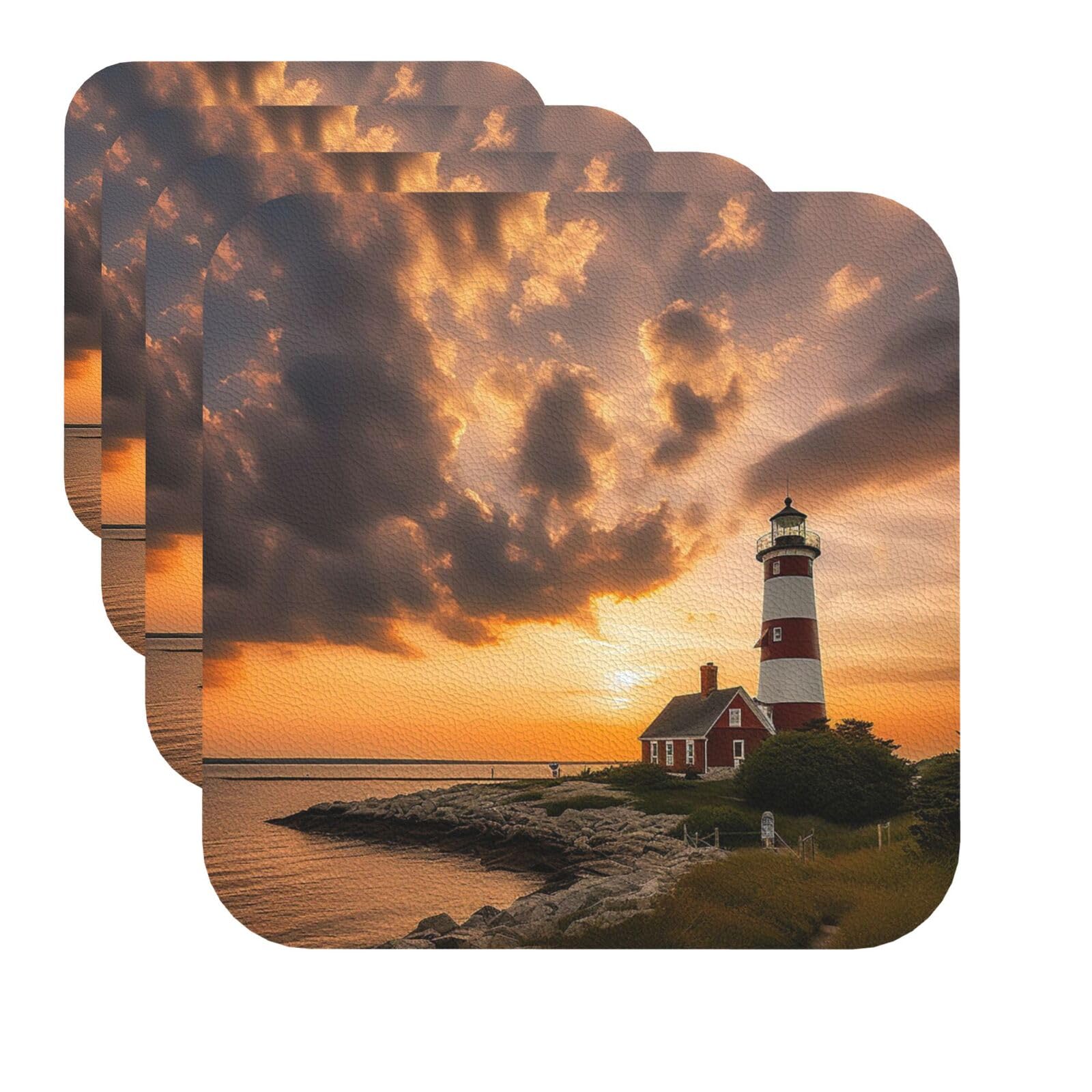 Drink Coasters Set of 4 Quick-Dry Leather Coaster Lighthouse at Sunset Coasters for Drinks Coffee Cup Mat Tabletop Protection Heat Resistant Coaster for Kitchen Bar Office Home Decor