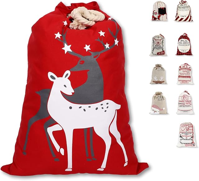 LessMo Christmas Santa Sack, Large Canvas Bag with Drawstring, [Place to Write Wishes] Reusable Event Party Supplies Cotton Bag Party Favors for Large Xmas Package Storage