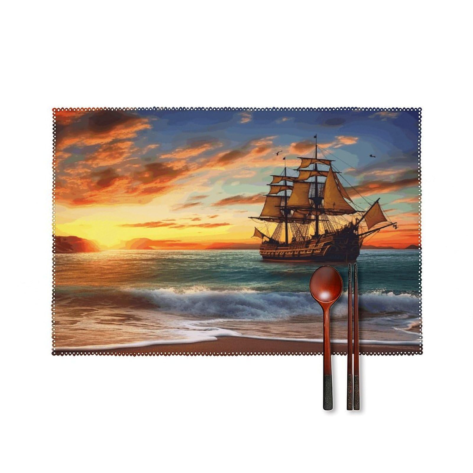 Pirate Ship in The Sunset Placemats Set of 4 Heat Resistant Non-Slip Place Mats Reusable Dining Table Mats Canvas Place Mat Anti-Fading Waterproof Placemats for Dining Table Decor