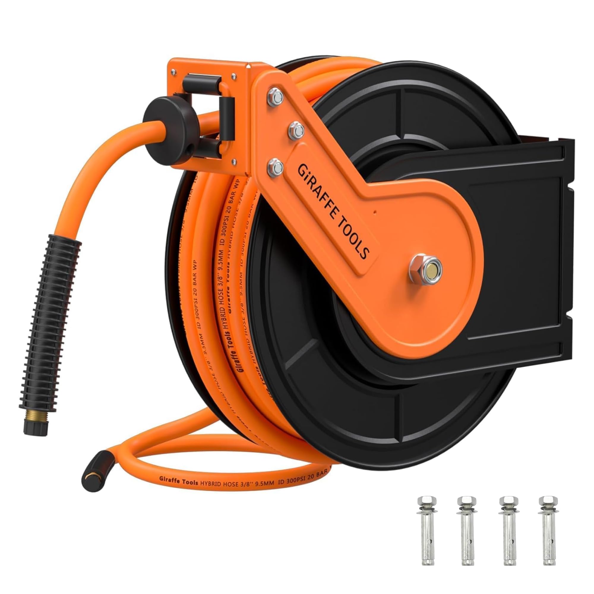 Giraffe Tools TA15B Retractable Air Hose Reel Wall Mount 3/8" x 50 ft Hybrid Hose, Air Compressor Heavy Duty Steel Reel Auto Rewind 300PSI, 50ft, Tangelo